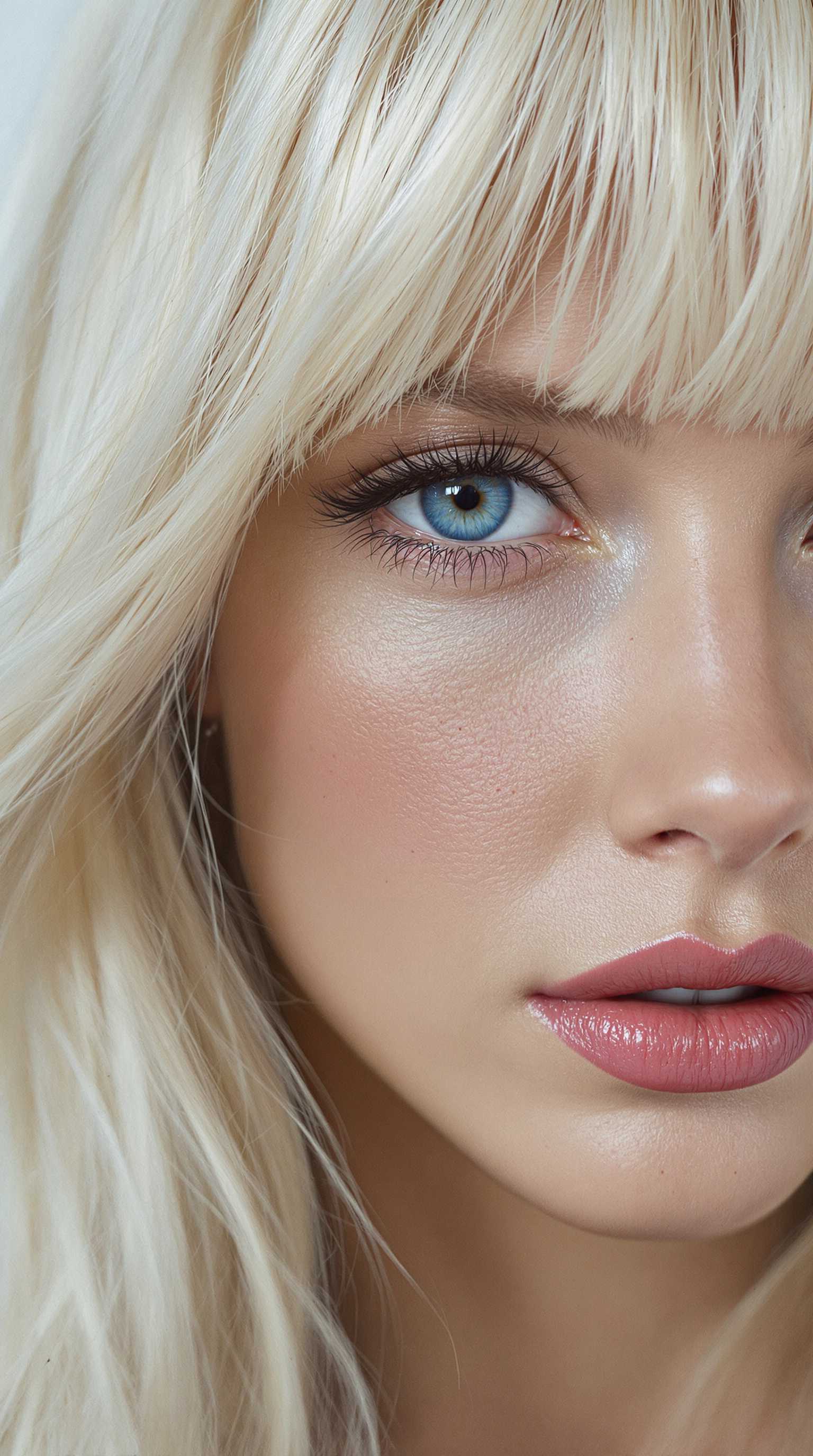 UHD, 4k, ultra detailed, cinematic, a photograph of  <lora:skin texture style v5:0.9>
detailed photorealism style, hyperrealism art style, realistic textures, photorealistic style, Hyperrealism (visual arts), A cinematic skin texture style still image of a white woman with blonde hair and blue eyes, detailed skin pore, film still, still photography style, sharp style, detailed style, perfect style, perfection style, Kodak film skin tone style, fujifilm skin tone style, professional photography style, skin textured, skin texture style, 1girl, solo, long hair, looking at viewer, bangs, simple background, white background, closed mouth, white hair, blunt bangs, lips, grey eyes, portrait, realistic, blue eyes, blonde hair, purple eyes, eyelashes, close-up, grey background, red lips, epic, beautiful lighting, inpsiring