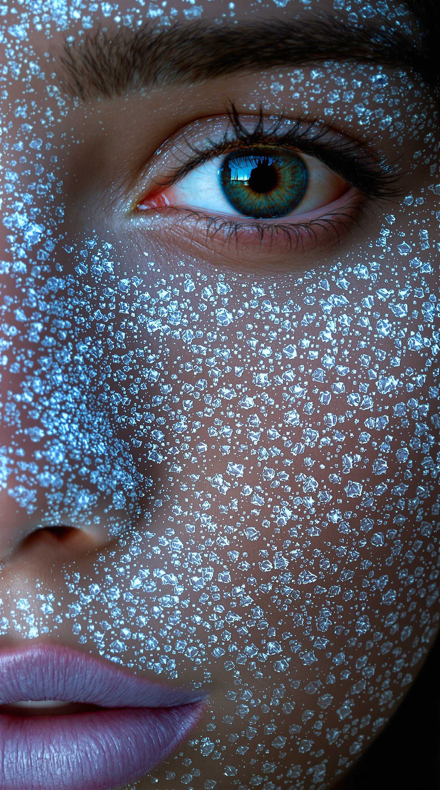Ultra close up of a young woman face, looking at viewer.
Very detailed ice fractangles pattern on skin, dark green eyes, light blue lips.