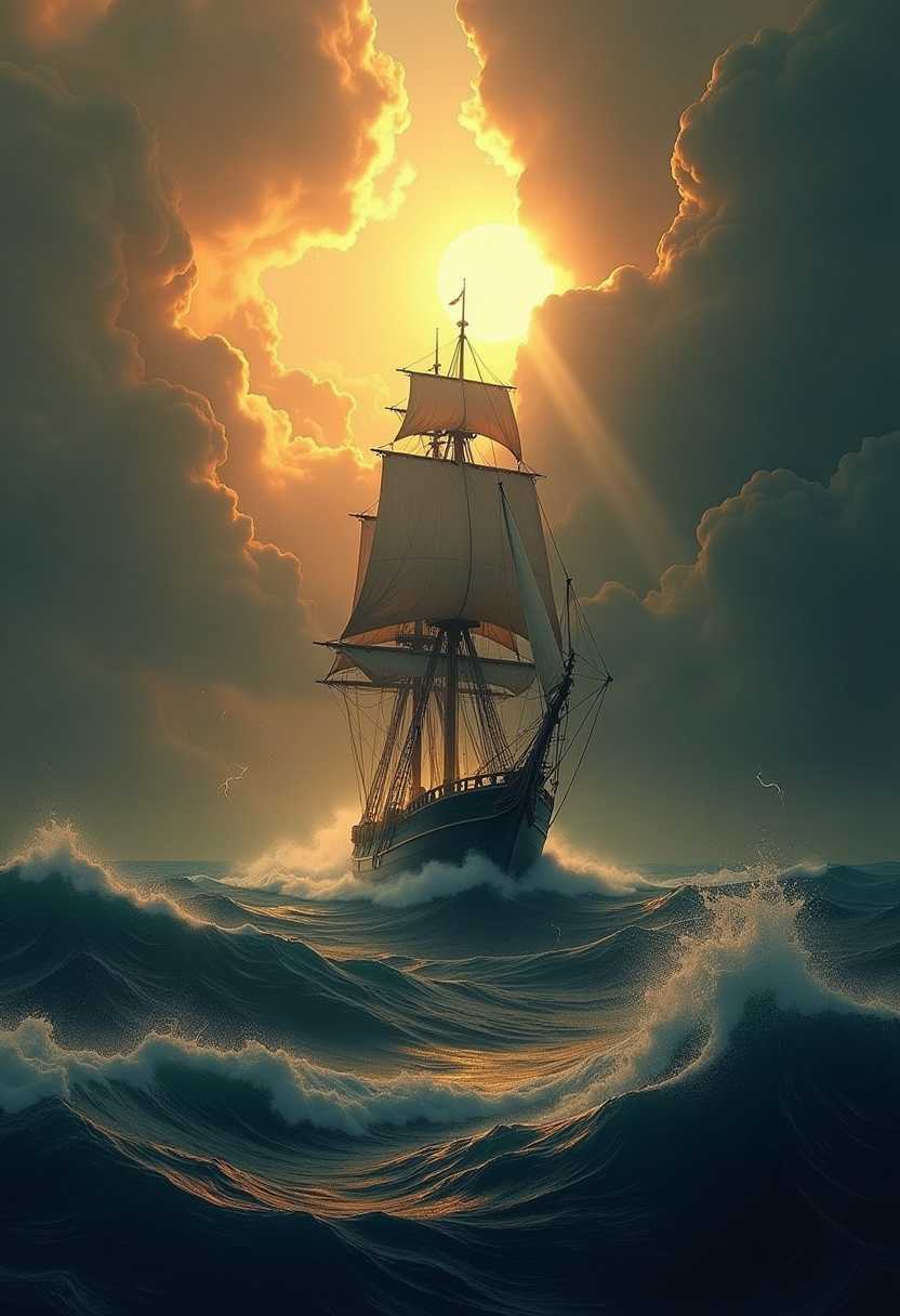This image is a digital artwork that captures a dramatic and intense scene of a ship navigating through a tempestuous sea. The art style is reminiscent of a cinematic or fantasy genre, with a focus on creating a sense of awe and drama through exaggerated elements and a cinematic composition.The medium appears to be a digital painting, given the smooth gradients of color and the seamless blending of elements. The use of lighting and shadow is masterful, creating a sense of depth and realism in the scene.The colors in the image are rich and moody, dominated by a palette of deep browns, grays, and blacks, with bursts of golden light that cut through the darkness. This contrast between the dark, brooding clouds and the luminous light creates a sense of foreboding and hope, respectively.The objects in the image are as follows1. Ship The central figure of the image, a large sailing ship with a tall mast and sails, is navigating through the storm. The ship is detailed with ropes, rigging, and other nautical elements, giving it a sense of authenticity and purpose.2. Waves The sea is tumultuous, with towering waves that reflect the fury of the storm. The waves are rendered with a sense of movement and power, crashing against the ship and sending sprays of water into the air.3. Clouds The sky is filled with billowing, dark clouds that loom overhead. The clouds are textured and detailed, with creases and folds that give them a threedimensional appearance. Lightning bolts slice through the clouds, adding to the sense of danger and chaos.4. Sun Despite the darkness of the clouds, a ray of sunlight breaks through, illuminating the ship and casting a warm glow on the scene. This ray of light serves as a beacon of hope and a focal point for the viewers gaze.Overall, the image conveys a powerful sense of adventure, danger, and the human spirits tenacity in the face of adversity. The use of light and shadow, color, and composition come together to create a compelling and immersive visual experience.