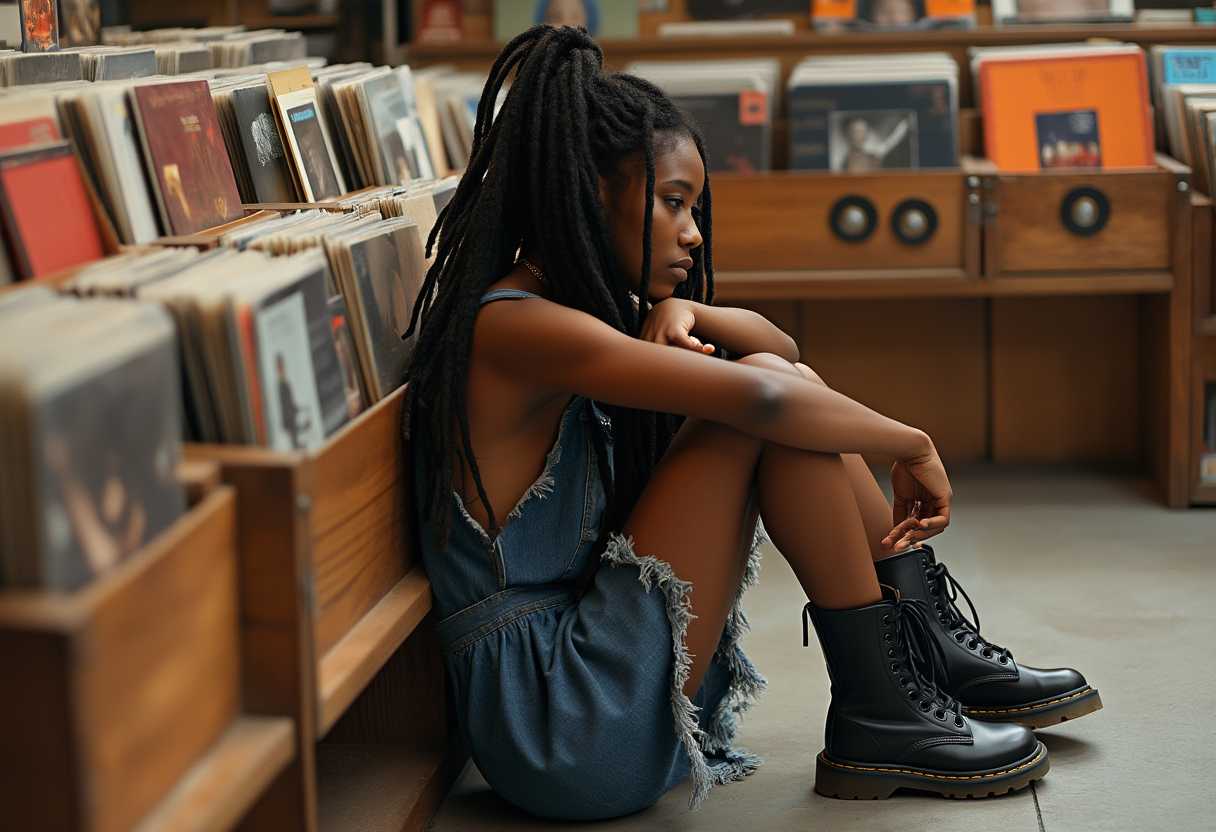 This image captures a moment of quiet contemplation in a record store. The subject is seated on the floor, leaning against a shelf filled with vinyl records. The person is wearing a sleeveless denim dress with a raw, frayed hemline, which adds a rugged, edgy feel to the outfit. The dress is paired with black combat boots that have a classic laceup design and a thick, durable sole, suggesting a practical yet stylish choice of footwear.The subjects hair is styled in long, dreadlocked strands that cascade down their back, adding a bohemian touch to the overall aesthetic. The persons arms are crossed over their knees, and they are resting their chin on their hands, conveying a sense of introspection or relaxation.The art style in the image is contemporary, with a focus on realism and natural lighting that enhances the textures and colors. The medium appears to be a highresolution photograph, capturing the details of the subjects clothing and the vinyl records with clarity.The colors in the image are warm and earthy, with the denim dress and combat boots providing a cool contrast against the warm tones of the dreadlocks and the wooden shelves. The vinyl records come in a variety of colors, including red, orange, and black, which add pops of color to the otherwise subdued palette.The objects in the image include the subject, the denim dress, the combat boots, the dreadlocks, the vinyl records on the shelves, and the wooden shelves themselves. The vinyl records vary in size and are arranged in an orderly fashion, creating a visually appealing display that reflects the stores collection. The wooden shelves have a natural grain and texture, contributing to the rustic and cozy atmosphere of the setting.