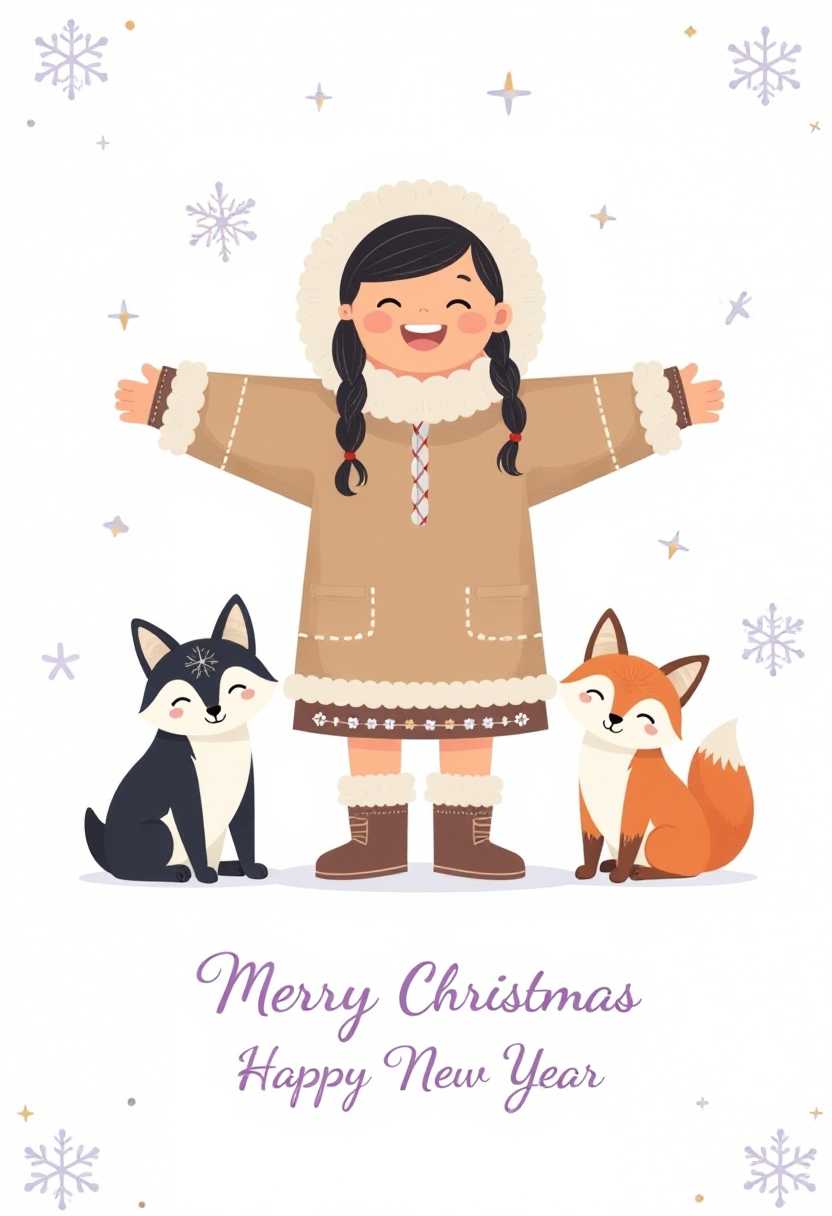 This image is a festive greeting card with a cheerful and simplistic art style. The medium appears to be digital, as the lines are clean and the colors are vibrant and welldefined. The card is predominantly white, which gives it a bright and airy feel.At the center of the card is a character dressed in traditional Eskimo attire, which includes a furlined hooded parka, a longsleeved dress with a patterned hem, and matching boots. The character is depicted with a wide smile and arms open wide, giving off a welcoming and joyous vibe. The Eskimos skin tone is a warm orange, and the clothing is a mix of earthy tones with pops of brown and black.On either side of the Eskimo character are two adorable foxes, one black and white and the other brown and white. They are drawn with a cartoonish charm, with their eyes closed and tails curled up, as if they are contentedly napping or perhaps just enjoying the company of the Eskimo. The foxes add a touch of whimsy and a nod to the winter holiday theme.Surrounding the central figures is a border of snowflakes, which are intricately designed with varying shapes and sizes. The snowflakes are a soft purple color, which contrasts nicely against the white background and complements the festive theme. The snowflakes are scattered in a seemingly random pattern, but they create a sense of depth and continuity around the card.At the bottom of the card, in elegant purple script, are the words Merry Christmas Happy New Year, which serve as the greeting for the card. The script font is decorative and adds to the overall festive feel of the card.Overall, the image is a charming and heartwarming representation of the holiday season, with a focus on joy, warmth, and the celebration of the winter holidays. The use of bright colors, cute animals, and traditional attire all contribute to the festive and inviting atmosphere of the card.