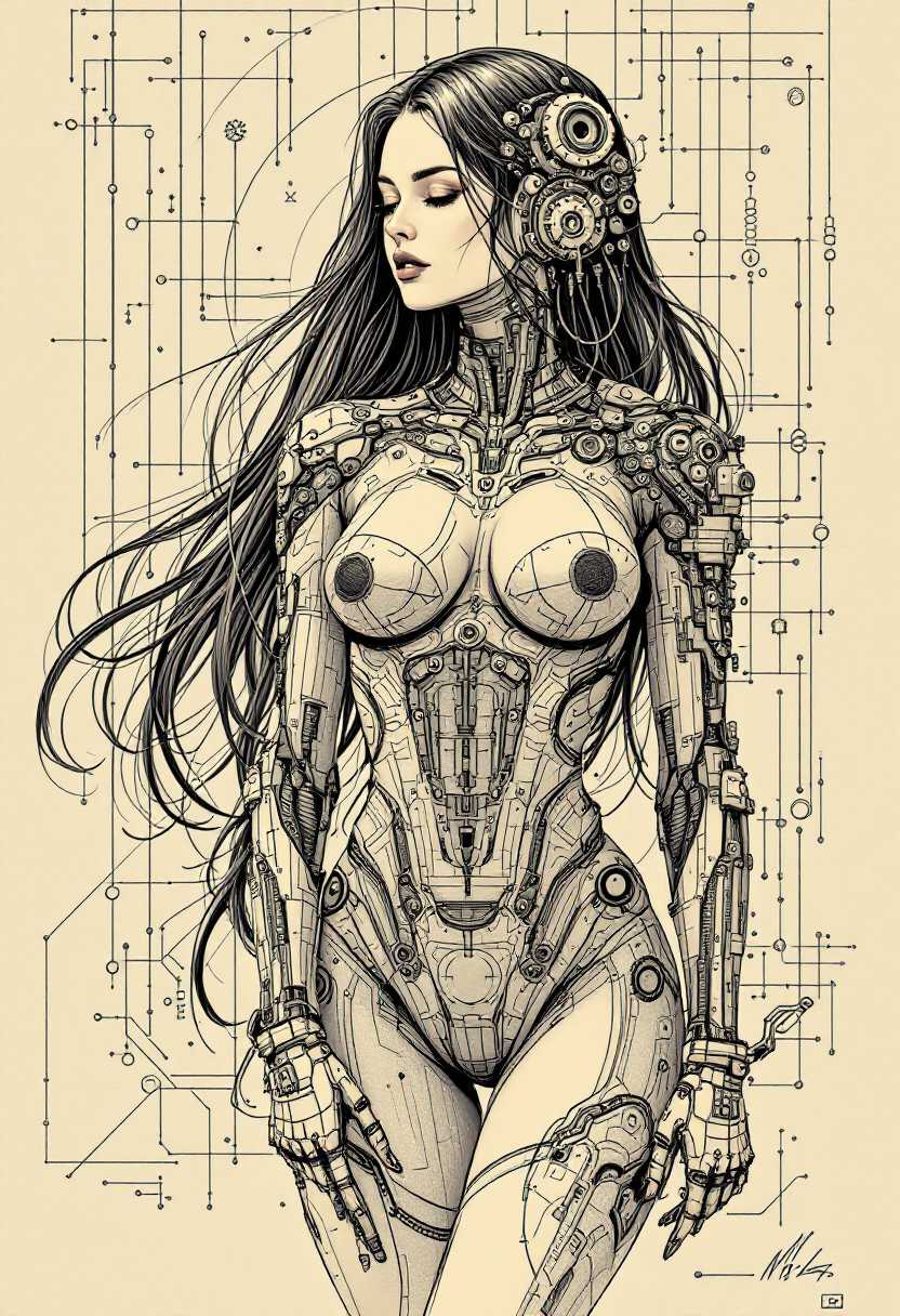 This image is a detailed and intricate illustration of a female figure that blends human and mechanical elements. The art style is reminiscent of a technical blueprint, with precise lines and shading that give the image a threedimensional quality. The sepiatoned color scheme adds to the vintage and futuristic feel of the piece. The subject of the image is a female figure with long, flowing hair that cascades down her back. Her hair is detailed with individual strands and highlights, giving it a realistic texture and volume. The figures body is a fusion of human and mechanical elements, with a focus on the upper body and arms. The mechanical elements are intricate and detailed, with a variety of gears, bolts, and circuitry that cover her torso, arms, and head. The mechanical elements are not uniform they vary in size and complexity, creating a sense of depth and movement. The wardrobe consists of a formfitting bodysuit that covers the figure from the neck down to the waist. The bodysuit is detailed with lines and shading that give it a threedimensional appearance, and it is adorned with mechanical elements that match the rest of her body. The figures arms are also covered in mechanical elements, with detailed joints and segments that suggest a high level of functionality. The pose of the figure is confident and poised. She stands with her arms at her sides, and her body is slightly turned to the side, giving the viewer a full view of her profile. Her head is slightly tilted, and her eyes are looking off to the side, giving her a contemplative and mysterious demeanor. Overall, the image is a striking and thoughtprovoking piece that explores the intersection of humanity and technology. The detailed rendering of the mechanical elements, combined with the humanlike posture and hair, creates a compelling and complex visual narrative.