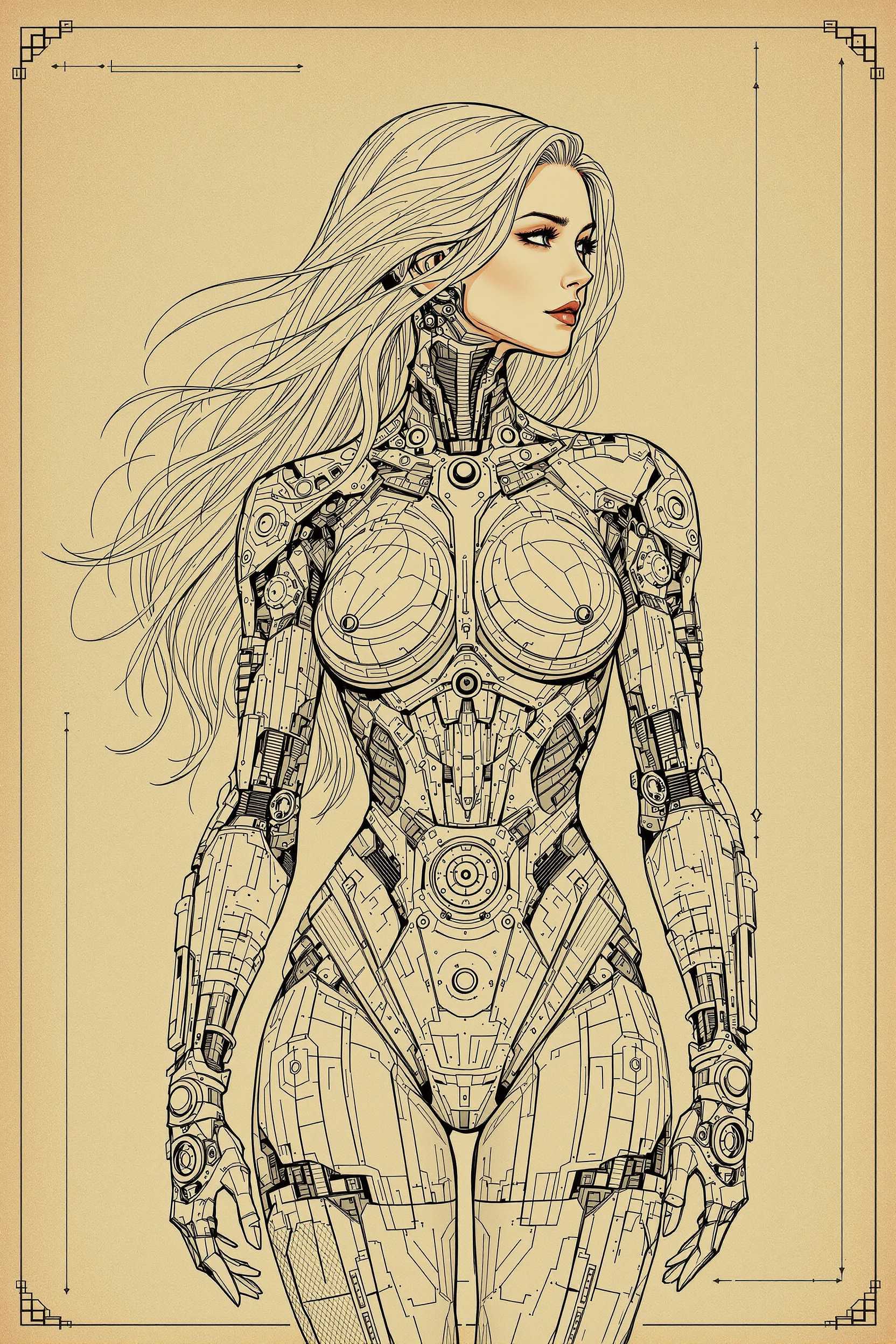 This image is a detailed and intricate illustration of a female figure that blends human and mechanical elements. The art style is reminiscent of a technical blueprint, with precise lines and shading that give the image a threedimensional quality. The sepiatoned color scheme adds to the vintage and futuristic feel of the piece. The subject of the image is a female figure with long, flowing hair that cascades down her back. Her hair is detailed with individual strands and highlights, giving it a realistic texture and volume. The figures body is a fusion of human and mechanical elements, with a focus on the upper body and arms. The mechanical elements are intricate and detailed, with a variety of gears, bolts, and circuitry that cover her torso, arms, and head. The mechanical elements are not uniform they vary in size and complexity, creating a sense of depth and movement. The wardrobe consists of a formfitting bodysuit that covers the figure from the neck down to the waist. The bodysuit is detailed with lines and shading that give it a threedimensional appearance, and it is adorned with mechanical elements that match the rest of her body. The figures arms are also covered in mechanical elements, with detailed joints and segments that suggest a high level of functionality. The pose of the figure is confident and poised. She stands with her arms at her sides, and her body is slightly turned to the side, giving the viewer a full view of her profile. Her head is slightly tilted, and her eyes are looking off to the side, giving her a contemplative and mysterious demeanor. Overall, the image is a striking and thoughtprovoking piece that explores the intersection of humanity and technology. The detailed rendering of the mechanical elements, combined with the humanlike posture and hair, creates a compelling and complex visual narrative.