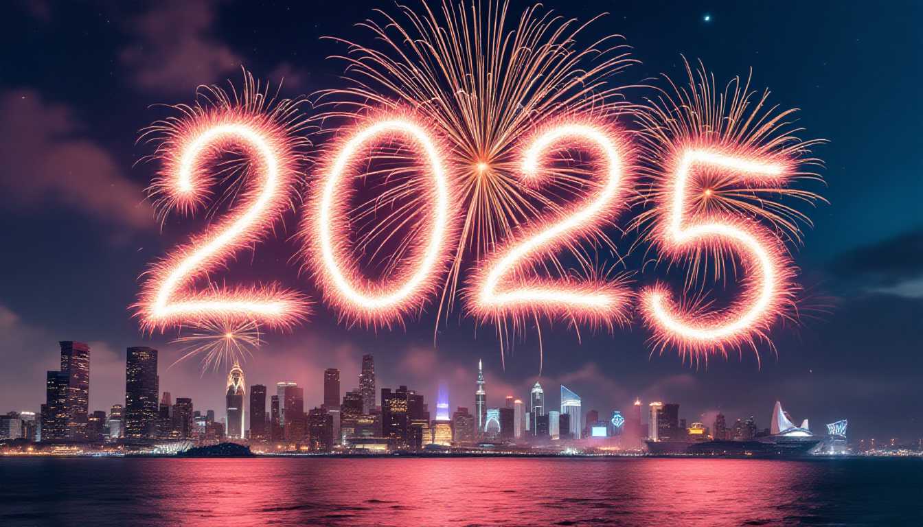 Amazing massive Firework over ocean side city skyline. The firework figures the year "2025" in the sky