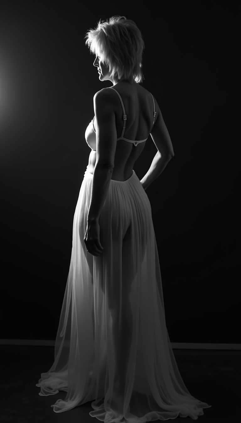 I_body_neutral, A stunningly beautiful **40yo woman** with a **slender, sensual figure** and **short dark messy hair**,stands **poised in a dimly lit room**. She wears a **translucent white chiffon dress** that subtly reveals her form beneath, enhancing the **allure and mystique**. 

**Visual Details:**
- **Chiffon Dress:** The fabric is light and airy, flowing around her in a gentle cascade, creating a play of light and shadow that accentuates her silhouette.
- **Black and White:** The scene is rendered in a monochromatic palette with **high contrast**, where the whites glow and the blacks are deep and rich, capturing the essence of film noir.
- **Hair:** Her blonde hair cascades in loose, glamorous waves, framing her face with a soft glow.

**Style:**
- **Sin City Movie Style:** The image captures the essence of the movie's **stylized noir** aesthetic, with sharp contrasts and a focus on texture and form, inspired by the **Sin_City_Movie_Style_SDXL lora** to give it a unique, graphic novel-like quality.

**Composition:**
- **Subject Positioning:** She stands slightly to the side, one hand on her hip, her gaze directed away from the camera, inviting the viewer to ponder her thoughts or the scene beyond her.
- **Camera Angle:** A low-angle shot adds to her stature and allure, with the camera capturing her from below to enhance her presence.

**Mood and Atmosphere:**
- **Dark Room:** The room is shrouded in darkness, with only a few strategic light sources casting dramatic shadows, creating a mood of mystery and seduction.
- **Ambiance:** The ambiance is one of **intrigue and allure**, the dim lighting and high contrast giving the scene a dreamlike, almost otherworldly feel.

**Technical Aspects:**
- **Lighting:** Employ **chiaroscuro** techniques with stark contrasts between light and dark, highlighting her figure against the shadowy background.
- **Photography Technique:** Use of **long exposure** to capture the movement of the chiffon, creating a ghostly, ethereal effect around her form.

**Cohesion:**
- All elements are crafted to evoke a **seamless blend of reality and fantasy**, where the woman becomes an iconic figure in a timeless, yet instantly recognizable, noir setting.