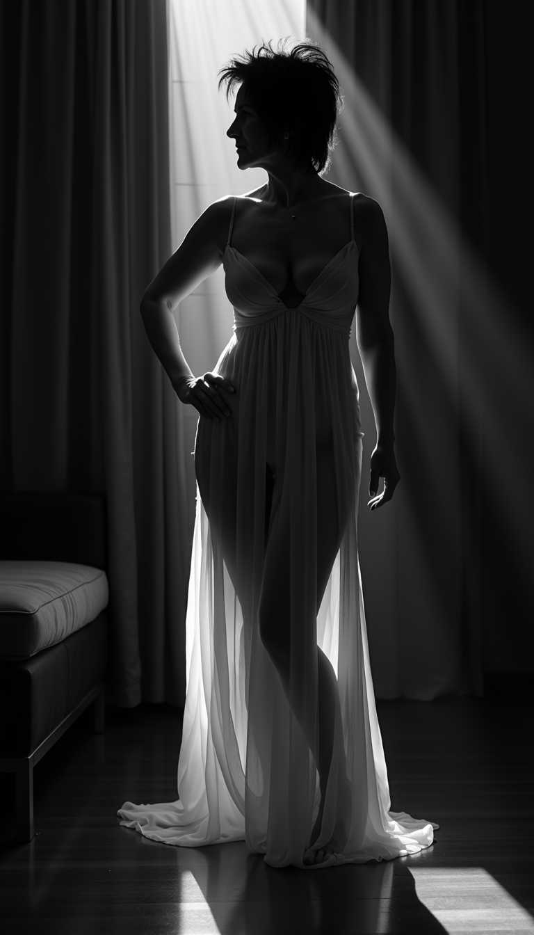 I_body_neutral, A stunningly beautiful **40yo woman** with a **slender, sensual figure** and **short black messy hair**,stands **poised in a dimly lit room**. She wears a **translucent white chiffon dress** that subtly reveals her form beneath, enhancing the **allure and mystique**. 

**Visual Details:**
- **Chiffon Dress:** The fabric is light and airy, flowing around her in a gentle cascade, creating a play of light and shadow that accentuates her silhouette.
- **Black and White:** The scene is rendered in a monochromatic palette with **high contrast**, where the whites glow and the blacks are deep and rich, capturing the essence of film noir.
- **Hair:** Her blonde hair cascades in loose, glamorous waves, framing her face with a soft glow.

**Style:**
- **Sin City Movie Style:** The image captures the essence of the movie's **stylized noir** aesthetic, with sharp contrasts and a focus on texture and form, inspired by the **Sin_City_Movie_Style_SDXL lora** to give it a unique, graphic novel-like quality.

**Composition:**
- **Subject Positioning:** She stands slightly to the side, one hand on her hip, her gaze directed away from the camera, inviting the viewer to ponder her thoughts or the scene beyond her.
- **Camera Angle:** A low-angle shot adds to her stature and allure, with the camera capturing her from below to enhance her presence.

**Mood and Atmosphere:**
- **Dark Room:** The room is shrouded in darkness, with only a few strategic light sources casting dramatic shadows, creating a mood of mystery and seduction.
- **Ambiance:** The ambiance is one of **intrigue and allure**, the dim lighting and high contrast giving the scene a dreamlike, almost otherworldly feel.

**Technical Aspects:**
- **Lighting:** Employ **chiaroscuro** techniques with stark contrasts between light and dark, highlighting her figure against the shadowy background.
- **Photography Technique:** Use of **long exposure** to capture the movement of the chiffon, creating a ghostly, ethereal effect around her form.

**Cohesion:**
- All elements are crafted to evoke a **seamless blend of reality and fantasy**, where the woman becomes an iconic figure in a timeless, yet instantly recognizable, noir setting.