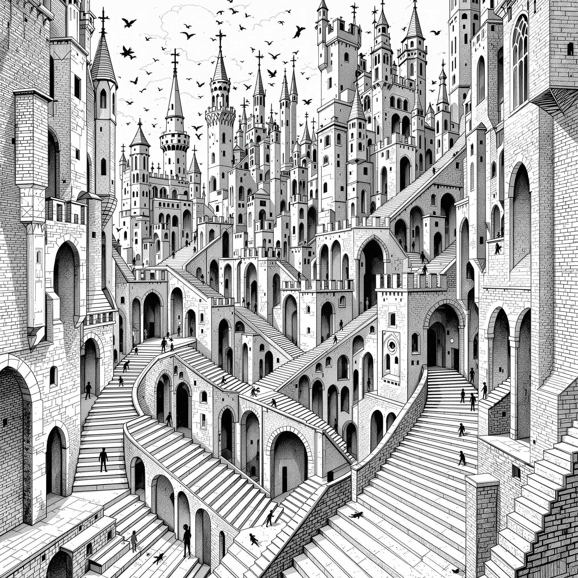 Create an **M.C. Escher inspired black and white line drawing** of a **medieval castle** with:

- **Architectural Complexity**: Multiple stairways that defy conventional orientation, spiraling in all directions, creating optical illusions and paradoxes reminiscent of Escher's work. 
- **Creatures**: Populate the stairs with **small, intricate creatures** like birds, lizards, or chameleons, each engaged in seemingly impossible tasks or movements, adding to the surreal atmosphere.
- **Lighting and Shadows**: Use **chiaroscuro** techniques to emphasize the depth and interplay between light and shadow, enhancing the black and white aesthetic.
- **Composition**: The castle should be the central focus, with stairways leading into and out of the frame, creating a sense of infinite pathways. Utilize a **vanishing point** to guide the viewer's eye through the maze-like structure.
- **Mood and Atmosphere**: Evoke a sense of **mystical disorientation** where the ordinary rules of perspective do not apply, capturing the viewer's imagination with a dreamlike quality.
- **Artistic Style**: Employ **Escher's signature style** of detailed, repetitive patterns and impossible constructions, ensuring that the castle's architecture and the creatures' movements are both believable and fantastical within the black and white medium.

This scene should not only intrigue but also challenge the viewer's perception, embodying Escher's fascination with the infinite and the paradoxical.