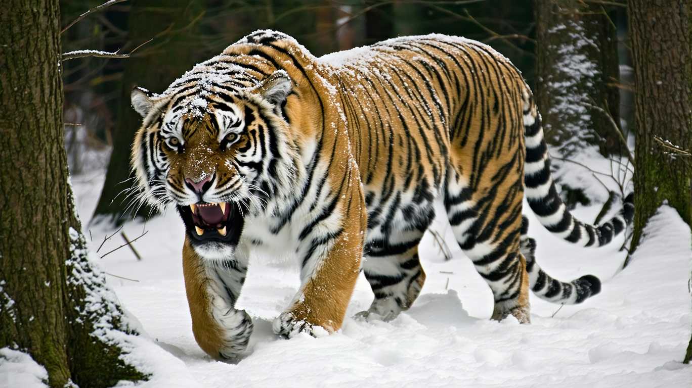 Create an image of an **enormous sabre-tooth tiger prowling menacingly through a frosty forest setting**:

- **Visual Details**: The tiger's fur is a deep, rich orange with black stripes, highlighted by frost and snowflakes clinging to its coat. Its sabre teeth glisten with a slight sheen of ice. The forest floor is carpeted with a thick layer of snow, with delicate icicles hanging from the branches above. The trees are tall, ancient pines, their bark rough and textured, covered in a light dusting of snow.

- **Style**: Render this scene in a hyper-realistic style, capturing the fine details of the tiger's fur, the crystalline structure of the frost, and the stark contrast of the dark forest against the white snow.

- **Composition**: The tiger should be positioned slightly off-center, moving towards the viewer, with its body partially obscured by a large pine tree in the foreground. The camera angle should be low, emphasizing the tiger's dominance in this frozen landscape. 

- **Mood and Atmosphere**: The scene should evoke a sense of eerie calm, with the quiet stillness of a forest after a snowfall, yet punctuated by the palpable tension of the predator's presence. The lighting is soft, diffused by the overcast sky, casting long shadows and creating a chiaroscuro effect.

- **Technical Aspects**: Utilize techniques like depth of field to focus on the tiger while the background trees blur slightly, enhancing the sense of depth. Employ a high dynamic range (HDR) to capture the subtle gradients of light and shadow in the snow and forest.

- **Cohesion**: Ensure that the frost and ice elements are consistent throughout the scene, from the tiger's fur to the forest floor, creating a believable, unified environment where the sabre-tooth tiger naturally belongs.