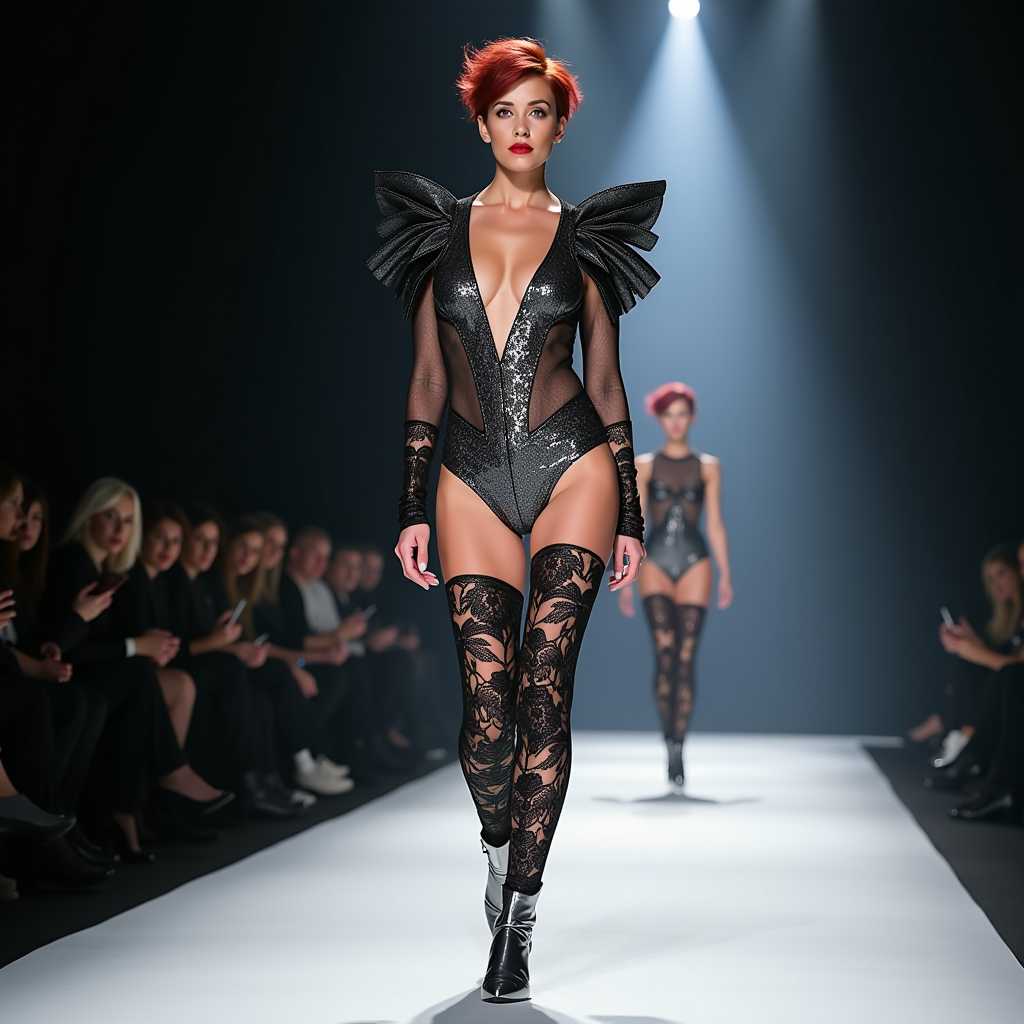 A striking photo of a 40-year-old woman with short red messy hair walking confidently on the catwalk, presenting a set of intricate black lace stockings. She wears a stunning couture outfit composed of a sheer silver bodysuit with exaggerated, angular shoulders, paired with the lace stockings that have elaborate floral patterns. The stockings are the focal point of the ensemble, paired with bold accessories and futuristic silver boots. The lighting is dynamic, creating shadows that emphasize the lace details as she gracefully strides down the runway.  
