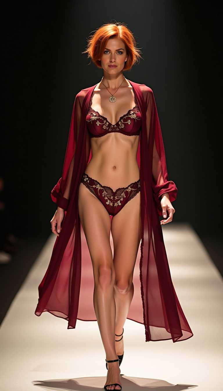A high-fashion photo of a 40-year-old woman with short red messy hair confidently presenting a luxurious lingerie set on the catwalk. She wears a deep burgundy silk bra and lace panty set, adorned with delicate floral embroidery and subtle golden accents. The outfit is complemented with a matching sheer kimono robe that flows behind her as she walks, creating a dreamlike silhouette. The setting features dramatic spotlighting that highlights the intricate details of the lingerie set while casting soft shadows along the runway.  

