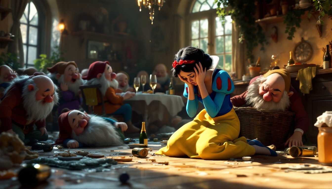 Generate me a Pixar Movie image: In the foreground, Snow White has her hands on her head bowed in despair. In the background are sleepy, drunk dwarfs all over the floor and table. Awful mess in the little house. There are spilled champagne bottles, broken champagne glasses, spilled plates of food on the floor and on the table.