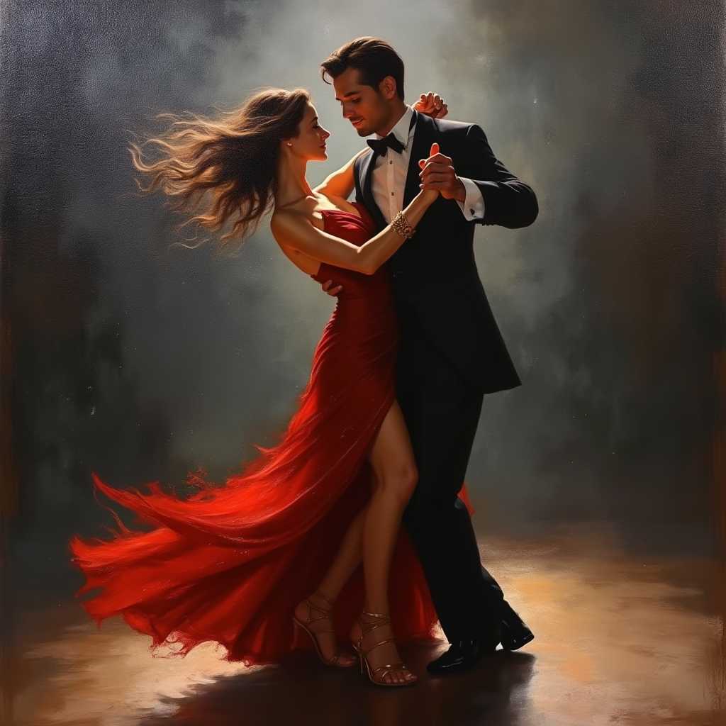 Create an oil painting showcasing a passionate tango dance between a man and a woman in a dimly lit ballroom. The man is dressed in a classic black tuxedo with a crisp white shirt, his hair slicked back, eyes focused on his partner with an intensity that conveys the dance's emotional depth. The woman, in a vibrant red, floor-length gown with a slit up the thigh, captures the eye with her dynamic movement; her dress should shimmer subtly under the light, the fabric flowing with each dramatic step. 

The background is a deep, shadowy gray, with soft, diffused lighting creating an intimate atmosphere, suggesting the presence of an audience just out of sight. Use chiaroscuro to enhance the contrast between the dancers and the background, emphasizing their figures and the fluidity of their movements. 

Incorporate elements of Romanticism in the style, focusing on the drama and emotion of the scene, with loose brushwork that hints at the motion of the dance. The composition should place the dancers slightly to the left, allowing space for the woman's dress to extend into the viewer's space, breaking the fourth wall. The camera angle should be at eye level, capturing the dancers mid-movement, with the man slightly dipping the woman, her hair cascading in motion, creating a dynamic visual line. 

The overall mood should exude mystery, elegance, and a touch of melancholy, capturing the fleeting beauty of the moment, with a soft, golden light casting long shadows, enhancing the depth and texture of the scene.