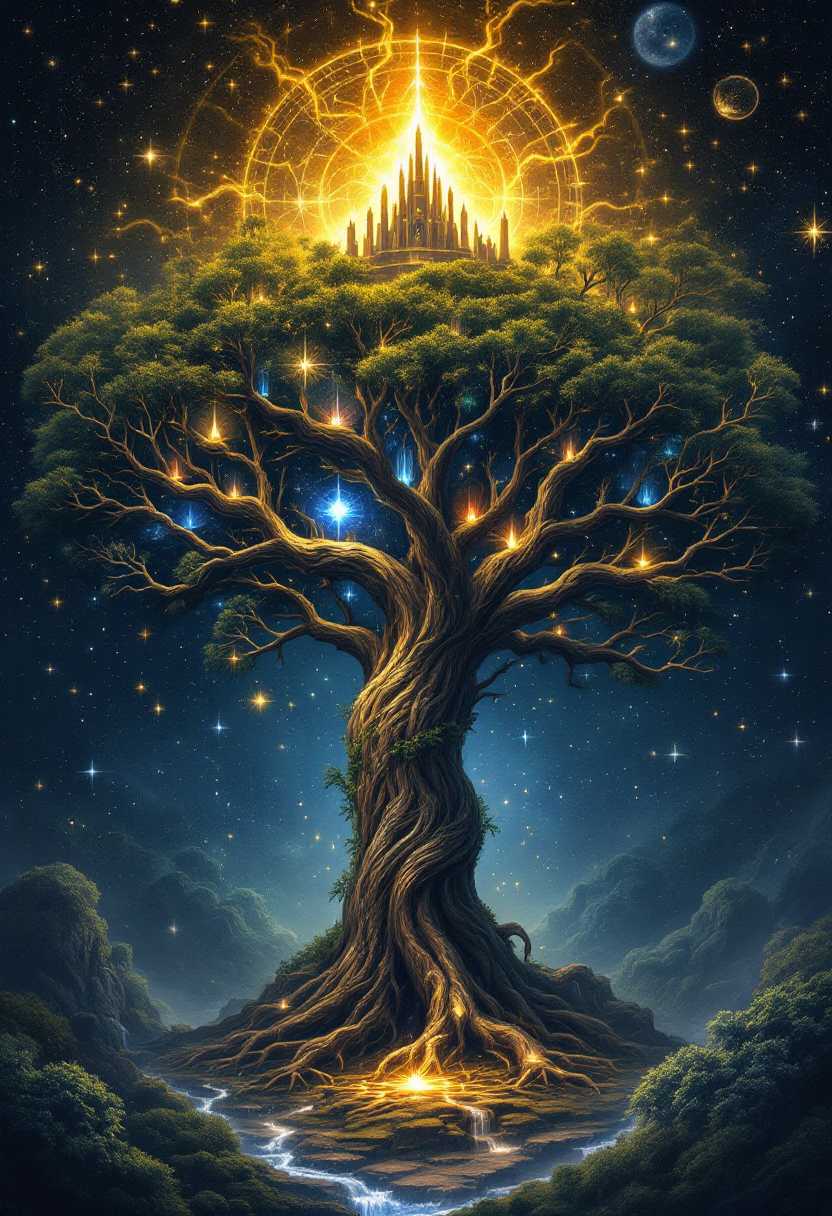 A vast, cosmic Yggdrasil, the World Tree, stretches into the star-speckled void of space, its massive trunk and sprawling branches connecting the nine realms in Norse mythology. The tree itself appears ancient, with weathered bark and roots that dig deep into the surrounding universe, each level alive with its own distinct world:

    At the highest branches, a golden realm glows with an ethereal light. Majestic halls with shining towers rise among the branches, surrounded by a shimmering bridge that arcs through the stars, connecting this upper realm to the central trunk. Nearby, a lush, untamed world flourishes with dense forests and flowing rivers, brimming with natural beauty and tranquility. Otherworldly beings, graceful and radiant, can be seen moving through this paradise, embodying peace and balance.

    A level lower, radiant beings with light and beauty in their form dwell in an enchanted forest, their world illuminated by soft, otherworldly light. Their realm is vibrant, with trees that sparkle as if dusted with stardust, and rivers that flow with a gentle, magical glow. The air is filled with a soft luminescence, creating an almost dreamlike atmosphere.

    At the central trunk, a rugged, mountainous land stretches across the roots and branches, where humans reside in familiar landscapes of rolling hills, seas, and forests. Humans gaze up at the towering Yggdrasil in awe, their settlements and villages nestled in its shadow, looking like fragile worlds of their own amidst the tree’s vast presence.

    Nearby, on the tree's rugged branches, hulking beings with immense strength roam amidst icy, craggy mountains and dark forests. Their world is filled with jagged peaks, frozen rivers, and heavy snow, giving the sense of a fierce and untamed wilderness. Towering fortresses built into the cliffs loom ominously, while giant figures peer down from their snow-covered perches, casting an air of silent menace.

    Further down, twisted roots encircle a dark, cavernous world filled with deep shadows and molten light from subterranean forges. Small but sturdy beings, master craftsmen, toil here, creating intricate weapons and treasures. The dim light reflects off pools of molten metal, illuminating their forge workshops and complex machinery in the gloom. The air is thick with smoke and the glow of embers, giving this level a feeling of constant labor and creation.

    Below, in a realm shrouded in mist and ice, an icy wasteland extends endlessly, cloaked in a veil of thick fog. Massive glaciers and frozen rivers twist through the foggy landscape, with serpentine creatures moving within the ice, only half-seen beneath the surface. The air is frigid, and ghostly figures appear through the mist, creating an atmosphere of deathly stillness and isolation.

    Opposite this icy realm, a world ablaze with fire and molten lava seethes with destructive energy. Colossal beings made of fire guard this realm, wielding massive, flame-covered weapons. Rivers of molten fire wind through scorched ground, erupting sporadically as if the very earth is alive with fury. The entire realm glows with a fierce, red-orange light, casting shadows of immense heat and danger.

    At the deepest root of Yggdrasil, a desolate, shadowed world stretches endlessly. Souls drift aimlessly through a barren landscape, their ghostly forms barely visible through a dark, hazy fog. A distant, imposing structure looms over this shadowed land, giving it a sense of quiet despair and finality, as if all life here has been stripped of hope.

Around Yggdrasil: At the very roots of the tree, a massive serpent coils and gnaws, its dark scales glistening, a symbol of decay gnawing away at life. At the topmost branches, a fierce eagle with piercing eyes keeps watch over the realms, embodying wisdom and vigilance. Darting up and down the tree’s trunk is a mischievous squirrel, carrying messages (or perhaps insults) between the eagle above and the serpent below, adding a touch of lively movement and drama to the scene.

Atmosphere and Depth: The entire tree glows with a faint, cosmic light, as if alive and breathing. Particles of stardust drift around it, highlighting the different realms in hues of gold, green, blue, and red. In the foreground, fragments of ancient runes hover, casting a dim glow over the scene, anchoring each realm’s unique appearance in an aura of mythic wonder. The cosmos stretches infinitely in the background, with stars and distant galaxies giving depth and scale, making Yggdrasil appear both infinite and ancient.