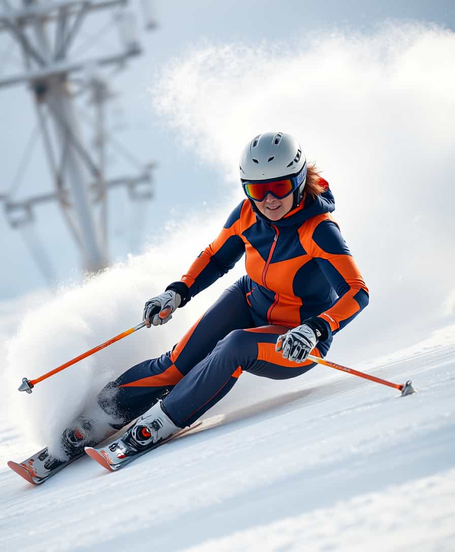 Capture a **cinematic photo** of a **40-year-old woman** with **short hair**, in **mid-action**, skillfully skiing down a **steep slope**. She is wearing a **striking navy and orange ski suit**, complemented by a **streamlined orange helmet**. Her form is **impeccable** as she leans into a **dynamic turn**, with a **plume of snow** arcing behind her, capturing the **kinetic energy** of her movement.

**Visual Details**: 
- **Navy and orange ski suit** with vibrant color contrast.
- **Silver helmet** with a sleek, aerodynamic design.
- **Short hair** visible under the helmet, slightly tousled by the wind.
- **Snow plume** in motion, enhancing the sense of speed and action.

**Composition**: 
- **Subject positioned** centrally, with the turn emphasizing her expertise.
- **Camera angle** from a slightly lower viewpoint to capture the steepness of the slope.
- **Framing** includes the **towering pines** in the background, dusted with snow, creating a natural frame for the scene.

**Style**: 
- **Cinematic photography** with a focus on **dynamic motion** and **color contrast**.
- **Soft, natural lighting** of **dawn** with **cloudy skies** to add depth and drama.

**Mood and Atmosphere**: 
- **Sense of exhilaration** and **control** conveyed by the skier's movement.
- **Wintery charm** with the snow-dusted pines, evoking a serene yet adventurous ambiance.
- **Time of day** is **dawn**, with soft light filtering through clouds, enhancing the mystical feel of the early morning ski run.

**Technical Aspects**: 
- **Shutter speed** set to freeze the motion of the skier while capturing the snow spray.
- **Depth of field** to keep the skier in sharp focus against the blurred background.
- **Color balance** to maintain the vibrancy of the ski suit against the cool tones of the winter landscape.

**Cohesion**: 
- All elements work together to create a **dramatic, visually compelling** image of a **confident skier** in a **beautiful, natural setting**.