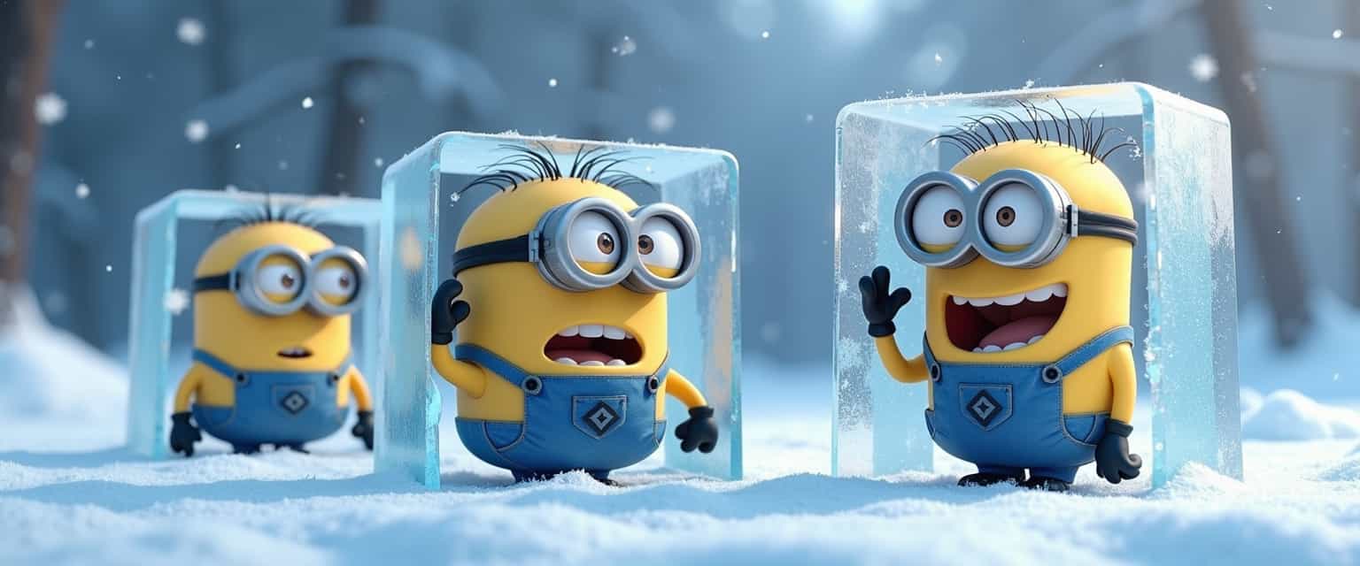 This image features a group of animated characters known as Minions, which are small, yellow creatures with distinctive goggles and overalls. The Minions are all frozen in blocks of ice, and the surrounding environment is a snowy landscape with falling snowflakes.The art style of the Minions is cartoonish and three dimensional, with exaggerated facial expressions and features that are typical of the characters from the Despicable Me franchise. The Minions have spiky hair, and their eyes are large and expressive, with one or two visible depending on the goggles they wear.The medium of the image appears to be a digital rendering, as evidenced by the smooth texture and the way light interacts with the ice and snow. The colors in the image are cool and muted, with shades of white, blue, and grey dominating the palette. The Minions yellow skin stands out against the icy backdrop, and their overalls are a bright blue with a black diamond shaped emblem on the front pocket.The objects in the image include the Minions themselves, each encased in a block of ice, and the snowy landscape that surrounds them. The ice blocks are clear and translucent, allowing light to pass through and casting reflections of the Minions and the snow. The snowflakes are small and delicate, with detailed edges and subtle shading that gives them a realistic appearance. The Minions hands are visible, with one hand raised in a gesture that suggests surprise or alarm. The overall effect is a whimsical and playful scene that captures the essence of the Minions mischievous nature.