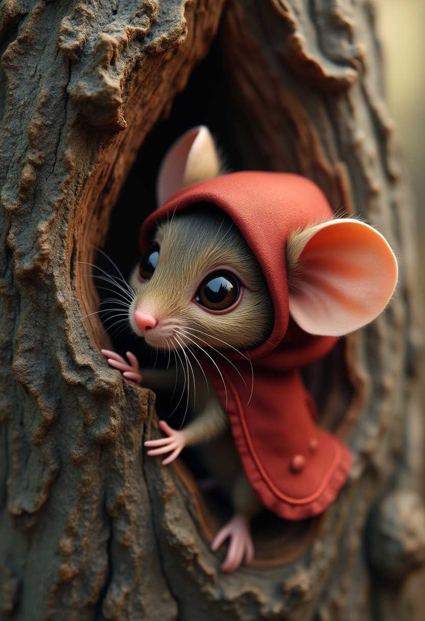 This image is a charming and whimsical portrayal of a small creature, which appears to be a mouse, dressed in a red hooded cloak and peeking out from a hollowedout section of a tree trunk. The art style is digital, with a high level of detail and realism, creating a lifelike appearance that is both adorable and enchanting.The medium used to create this image is likely a 3D modeling software, given the smooth texture and the way light interacts with the surfaces. The colors are warm and earthy, with the red of the hood standing out against the browns and grays of the tree trunk. The red of the hood is a deep, rich color, almost maroon, which gives it a regal and slightly mysterious quality. The texture of the fabric of the hood is finely detailed, with visible stitching and folds that add depth to the image.The mouse itself is the focal point of the image, with its large, expressive eyes and tiny, delicate paws gripping the edge of the hollow. Its fur is a realistic blend of browns and grays, with the light catching on the tips of the hairs to give them a lifelike sheen. The ears are large and rounded, with a soft blush on the inside, and the creatures overall posture is one of curiosity and cautiousness.The tree trunk itself is textured with the natural grooves and ridges of wood, and the light filtering through the hollow creates a play of shadows and highlights that give the scene a sense of depth and dimension. The edges of the hollow are rough and uneven, with the woods natural grain and knots visible, adding to the rustic charm of the setting.Overall, the image is a delightful blend of fantasy and reality, with a touch of whimsy that invites the viewer into a storybook moment frozen in time.