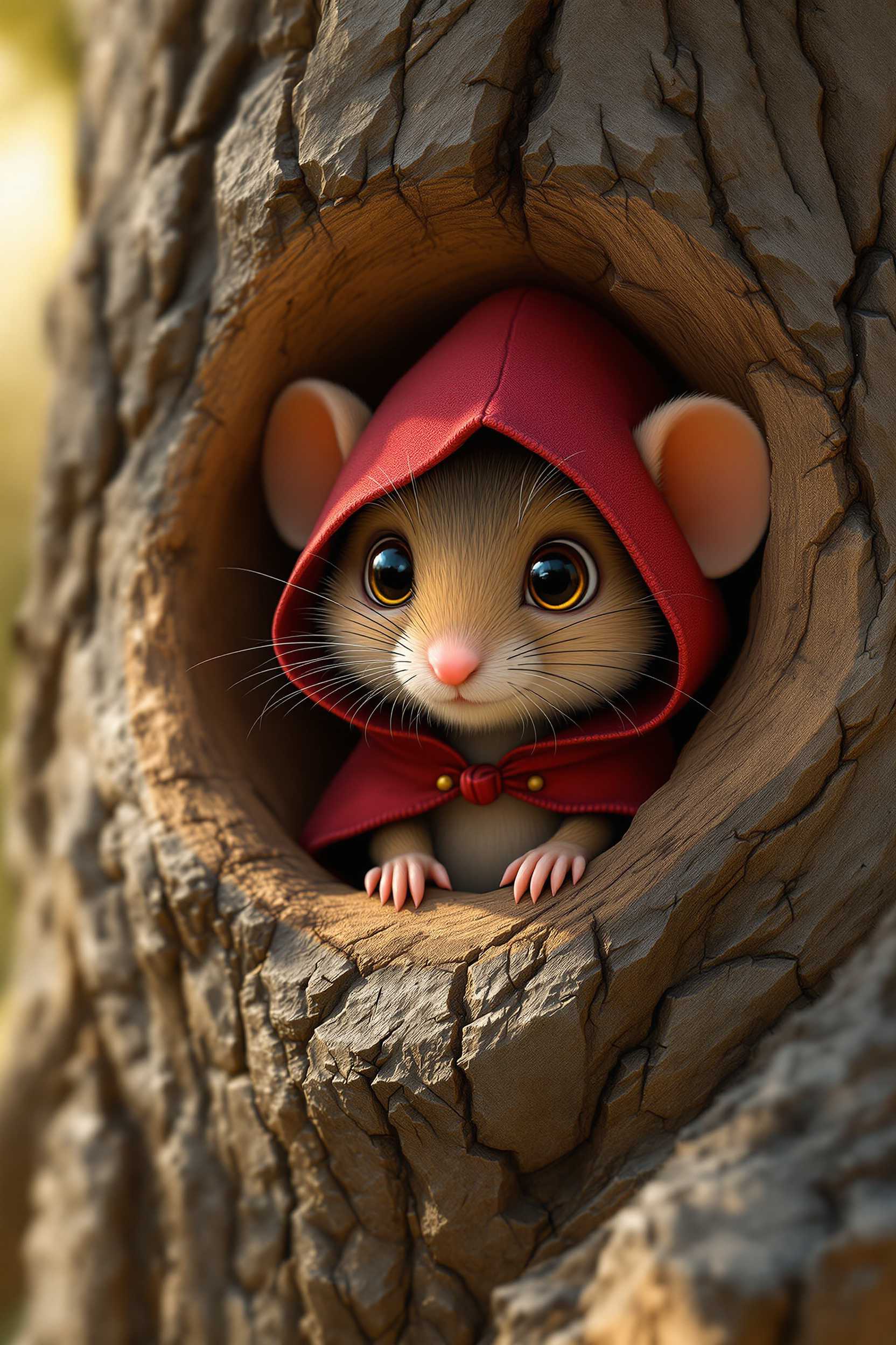 This image is a charming and whimsical portrayal of a small creature, which appears to be a mouse, dressed in a red hooded cloak and peeking out from a hollowedout section of a tree trunk. The art style is digital, with a high level of detail and realism, creating a lifelike appearance that is both adorable and enchanting.The medium used to create this image is likely a 3D modeling software, given the smooth texture and the way light interacts with the surfaces. The colors are warm and earthy, with the red of the hood standing out against the browns and grays of the tree trunk. The red of the hood is a deep, rich color, almost maroon, which gives it a regal and slightly mysterious quality. The texture of the fabric of the hood is finely detailed, with visible stitching and folds that add depth to the image.The mouse itself is the focal point of the image, with its large, expressive eyes and tiny, delicate paws gripping the edge of the hollow. Its fur is a realistic blend of browns and grays, with the light catching on the tips of the hairs to give them a lifelike sheen. The ears are large and rounded, with a soft blush on the inside, and the creatures overall posture is one of curiosity and cautiousness.The tree trunk itself is textured with the natural grooves and ridges of wood, and the light filtering through the hollow creates a play of shadows and highlights that give the scene a sense of depth and dimension. The edges of the hollow are rough and uneven, with the woods natural grain and knots visible, adding to the rustic charm of the setting.Overall, the image is a delightful blend of fantasy and reality, with a touch of whimsy that invites the viewer into a storybook moment frozen in time.