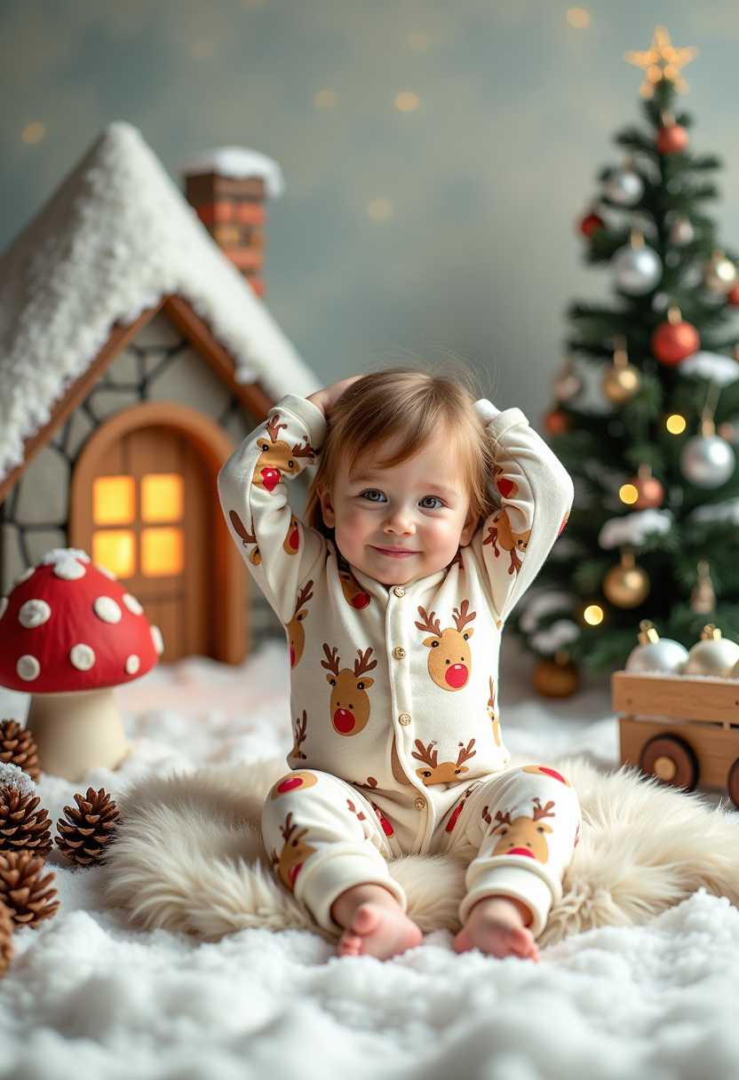 This image is a charming and whimsical depiction of a child dressed in festive reindeer pajamas, sitting in a cozy, snowcovered setting that resembles a magical winter wonderland. The childs pose is playful and carefree, with their arms behind their head and legs spread out, conveying a sense of joy and relaxation.The art style is highly stylized and evocative of a scene from a storybook, with a focus on creating a warm, inviting, and magical atmosphere. The medium appears to be a digital composite, combining elements of photography with graphic design and illustration to create a cohesive and enchanting scene.The colors in the image are soft and muted, with a predominance of whites, creams, and earthy tones that evoke a sense of winter and the holiday season. The childs pajamas feature a pattern of reindeer with red noses, which stands out against the white background. The surrounding environment is adorned with pine cones, a small, illuminated house, and a variety of Christmas ornaments, all contributing to the festive theme.The objects in the image include1. The child, dressed in reindeer pajamas with a pattern of reindeer and red noses, sitting on a fluffy, faux fur blanket.2. A stone archway leading into a cozy, warmly lit house with a glowing window.3. A red and white mushroom to the left of the child, covered in a dusting of snow.4. A variety of pine cones scattered around the scene.5. A small, illuminated Christmas tree to the right of the child.6. A basket filled with Christmas ornaments, adding to the holiday decor.7. A small, rustic wooden cart to the right of the basket, further enhancing the winter wonderland feel.Overall, the image is a delightful and imaginative representation of the holiday season, capturing the innocence and joy of childhood.