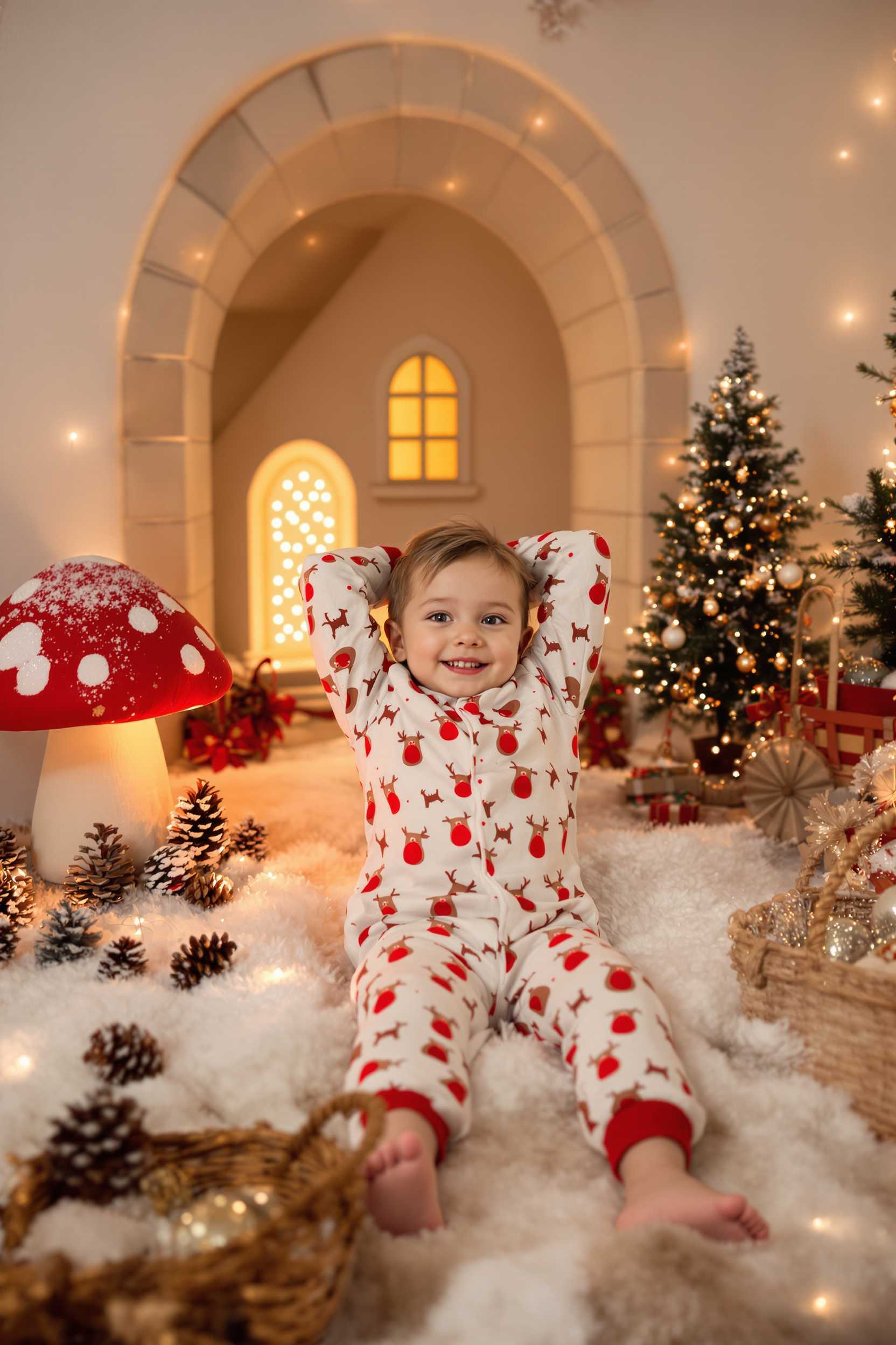 This image is a charming and whimsical depiction of a child dressed in festive reindeer pajamas, sitting in a cozy, snowcovered setting that resembles a magical winter wonderland. The childs pose is playful and carefree, with their arms behind their head and legs spread out, conveying a sense of joy and relaxation.The art style is highly stylized and evocative of a scene from a storybook, with a focus on creating a warm, inviting, and magical atmosphere. The medium appears to be a digital composite, combining elements of photography with graphic design and illustration to create a cohesive and enchanting scene.The colors in the image are soft and muted, with a predominance of whites, creams, and earthy tones that evoke a sense of winter and the holiday season. The childs pajamas feature a pattern of reindeer with red noses, which stands out against the white background. The surrounding environment is adorned with pine cones, a small, illuminated house, and a variety of Christmas ornaments, all contributing to the festive theme.The objects in the image include1. The child, dressed in reindeer pajamas with a pattern of reindeer and red noses, sitting on a fluffy, faux fur blanket.2. A stone archway leading into a cozy, warmly lit house with a glowing window.3. A red and white mushroom to the left of the child, covered in a dusting of snow.4. A variety of pine cones scattered around the scene.5. A small, illuminated Christmas tree to the right of the child.6. A basket filled with Christmas ornaments, adding to the holiday decor.7. A small, rustic wooden cart to the right of the basket, further enhancing the winter wonderland feel.Overall, the image is a delightful and imaginative representation of the holiday season, capturing the innocence and joy of childhood.