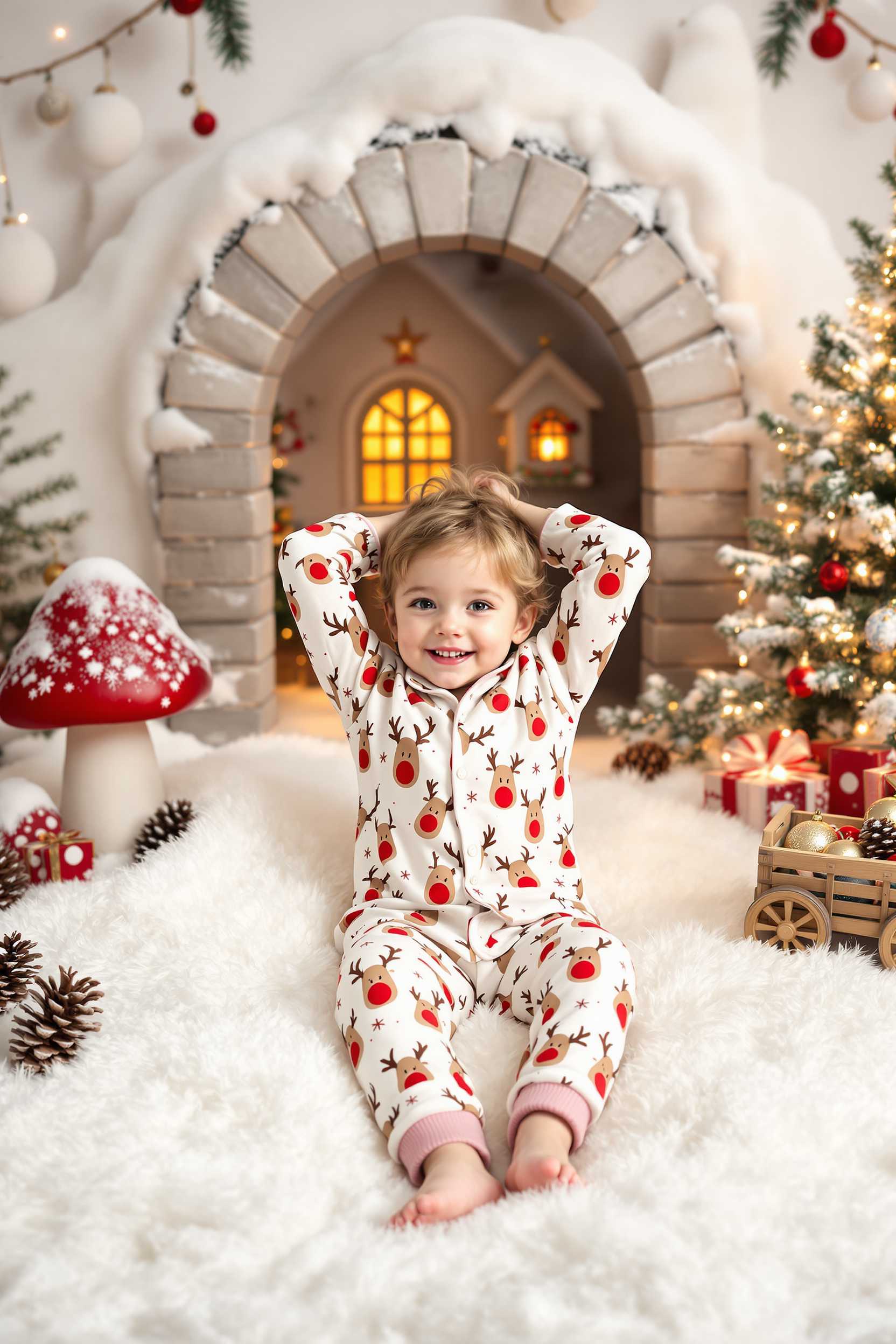 This image is a charming and whimsical depiction of a child dressed in festive reindeer pajamas, sitting in a cozy, snowcovered setting that resembles a magical winter wonderland. The childs pose is playful and carefree, with their arms behind their head and legs spread out, conveying a sense of joy and relaxation.The art style is highly stylized and evocative of a scene from a storybook, with a focus on creating a warm, inviting, and magical atmosphere. The medium appears to be a digital composite, combining elements of photography with graphic design and illustration to create a cohesive and enchanting scene.The colors in the image are soft and muted, with a predominance of whites, creams, and earthy tones that evoke a sense of winter and the holiday season. The childs pajamas feature a pattern of reindeer with red noses, which stands out against the white background. The surrounding environment is adorned with pine cones, a small, illuminated house, and a variety of Christmas ornaments, all contributing to the festive theme.The objects in the image include1. The child, dressed in reindeer pajamas with a pattern of reindeer and red noses, sitting on a fluffy, faux fur blanket.2. A stone archway leading into a cozy, warmly lit house with a glowing window.3. A red and white mushroom to the left of the child, covered in a dusting of snow.4. A variety of pine cones scattered around the scene.5. A small, illuminated Christmas tree to the right of the child.6. A basket filled with Christmas ornaments, adding to the holiday decor.7. A small, rustic wooden cart to the right of the basket, further enhancing the winter wonderland feel.Overall, the image is a delightful and imaginative representation of the holiday season, capturing the innocence and joy of childhood.