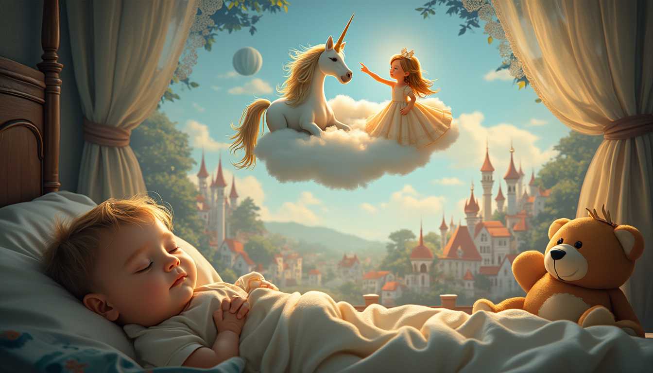 This image is a digitally created fantasy scene that exudes a sense of enchantment and dreaminess. The art style is surreal, with a touch of whimsy, and it appears to be a composite of various elements that have been carefully blended to create a cohesive and magical scene.The medium seems to be digital painting, as evidenced by the smooth blending of colors and the seamless integration of the various elements. The colors are rich and vibrant, with a predominance of warm tones that give the image a cozy and inviting atmosphere. The palette is soft and muted, with a few pops of brighter colors that draw the eye and add contrast.The objects in the image are numerous and varied, each contributing to the overall dreamlike quality of the scene. In the foreground, we see a small child lying on a bed, comfortably tucked in with a teddy bear. The child is dressed in a simple white outfit, which stands out against the darker tones of the room. The childs peaceful expression and the way they are holding the teddy bear suggest a sense of comfort and security.Behind the child, the room is filled with a variety of dream elements. There is a window with sheer curtains that allow sunlight to filter through, casting a warm glow on the scene. The curtains are adorned with lace details, adding to the delicate and ethereal quality of the image. In the center of the image, a cloud floats in the air, upon which rests a unicorn with a white body and a flowing mane. The unicorn has a gentle expression and its eyes are closed, as if it is contentedly floating in the dream. Accompanying the unicorn is a small girl dressed in a flowing dress with a tiara on her head. The girl is pointing upwards, her expression one of wonder and curiosity. To the right of the unicorn and girl, there is a plush toy, resembling a teddy bear, with a small light emanating from its eyes. This toy adds a touch of warmth and familiarity to the scene, as it is a common childhood object.In the background, beyond the cloud, we can see a magical town with houses that are illuminated from within, suggesting that the inhabitants are awake and enjoying their own dreams. The town is nestled among trees and shrubs, with a crescent moon hanging in the sky, completing the dreamy setting.Overall, the image is a beautiful and imaginative representation of a childs dream, filled with warmth, comfort, and magical elements that evoke a sense of wonder and enchantment.