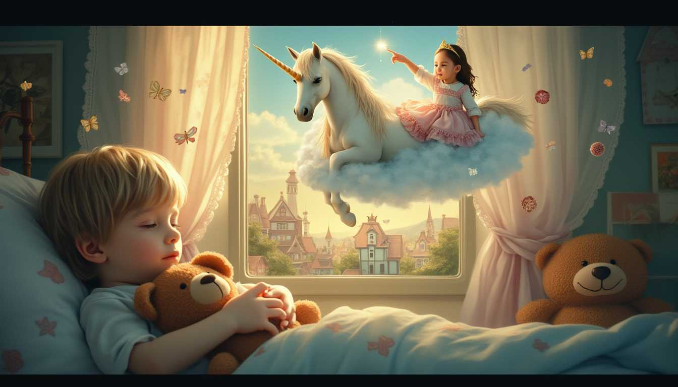 This image is a digitally created fantasy scene that exudes a sense of enchantment and dreaminess. The art style is surreal, with a touch of whimsy, and it appears to be a composite of various elements that have been carefully blended to create a cohesive and magical scene.The medium seems to be digital painting, as evidenced by the smooth blending of colors and the seamless integration of the various elements. The colors are rich and vibrant, with a predominance of warm tones that give the image a cozy and inviting atmosphere. The palette is soft and muted, with a few pops of brighter colors that draw the eye and add contrast.The objects in the image are numerous and varied, each contributing to the overall dreamlike quality of the scene. In the foreground, we see a small child lying on a bed, comfortably tucked in with a teddy bear. The child is dressed in a simple white outfit, which stands out against the darker tones of the room. The childs peaceful expression and the way they are holding the teddy bear suggest a sense of comfort and security.Behind the child, the room is filled with a variety of dream elements. There is a window with sheer curtains that allow sunlight to filter through, casting a warm glow on the scene. The curtains are adorned with lace details, adding to the delicate and ethereal quality of the image. In the center of the image, a cloud floats in the air, upon which rests a unicorn with a white body and a flowing mane. The unicorn has a gentle expression and its eyes are closed, as if it is contentedly floating in the dream. Accompanying the unicorn is a small girl dressed in a flowing dress with a tiara on her head. The girl is pointing upwards, her expression one of wonder and curiosity. To the right of the unicorn and girl, there is a plush toy, resembling a teddy bear, with a small light emanating from its eyes. This toy adds a touch of warmth and familiarity to the scene, as it is a common childhood object.In the background, beyond the cloud, we can see a magical town with houses that are illuminated from within, suggesting that the inhabitants are awake and enjoying their own dreams. The town is nestled among trees and shrubs, with a crescent moon hanging in the sky, completing the dreamy setting.Overall, the image is a beautiful and imaginative representation of a childs dream, filled with warmth, comfort, and magical elements that evoke a sense of wonder and enchantment.