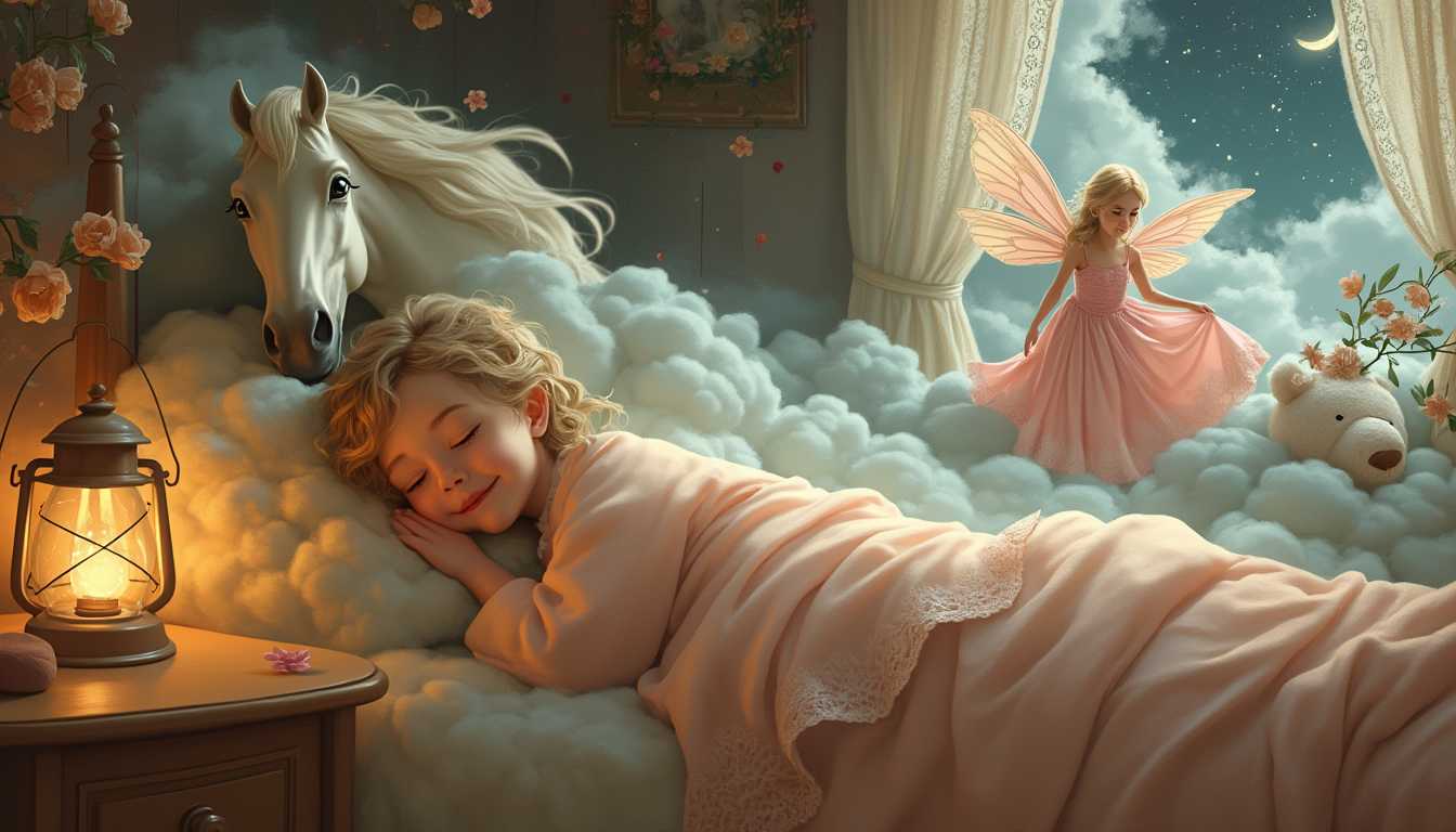 This image is a digitally created fantasy scene that exudes a sense of enchantment and whimsy. The art style is reminiscent of a fairytale or a storybook illustration, with a focus on softness and dreaminess. The medium appears to be a digital painting, given the smooth blending of colors and the seamless integration of elements.The colors in the image are warm and muted, with a predominance of earthy tones. The palette is soft and comforting, with creams, browns, and soft pinks creating a cozy atmosphere. The use of light and shadow is subtle, with a gentle glow emanating from the lantern on the nightstand, casting a warm ambiance throughout the scene.The objects in the image are carefully chosen to enhance the magical and childlike quality of the scene. In the foreground, we see a child lying snugly in bed, wrapped in a cozy blanket, with a contented smile on their face. The childs closed eyes and peaceful expression suggest they are in a state of rest or dreaming.On the bed, there is a plush teddy bear, which adds to the comforting and innocent feel of the scene. The teddy bear is positioned as if it is a companion to the child, watching over them as they sleep.Behind the child, the headboard of the bed serves as the backdrop for a magical scene. Emerging from the clouds that fill the headboard, we see a unicorn with a flowing white mane and tail, and a gentle gaze. The unicorn is depicted in a lifelike manner, with a sense of grace and power, yet it exudes a friendly and approachable demeanor.Floating alongside the unicorn is a fairy, dressed in a flowing pink gown with lace details. The fairys wings are spread wide, and she appears to be in midflight, as if she is gracefully gliding through the clouds. Her presence adds to the magical and ethereal quality of the scene.The room itself is adorned with lace curtains, which frame the window and add to the dreamy quality of the setting. The window reveals a night sky filled with stars and a crescent moon, which complements the magical elements within the room.Overall, the image is a charming and imaginative portrayal of childhood dreams and the magical creatures that inhabit them. The use of light, color, and carefully chosen objects come together to create a scene that is both enchanting and comforting, inviting the viewer into a world of wonder and imagination.