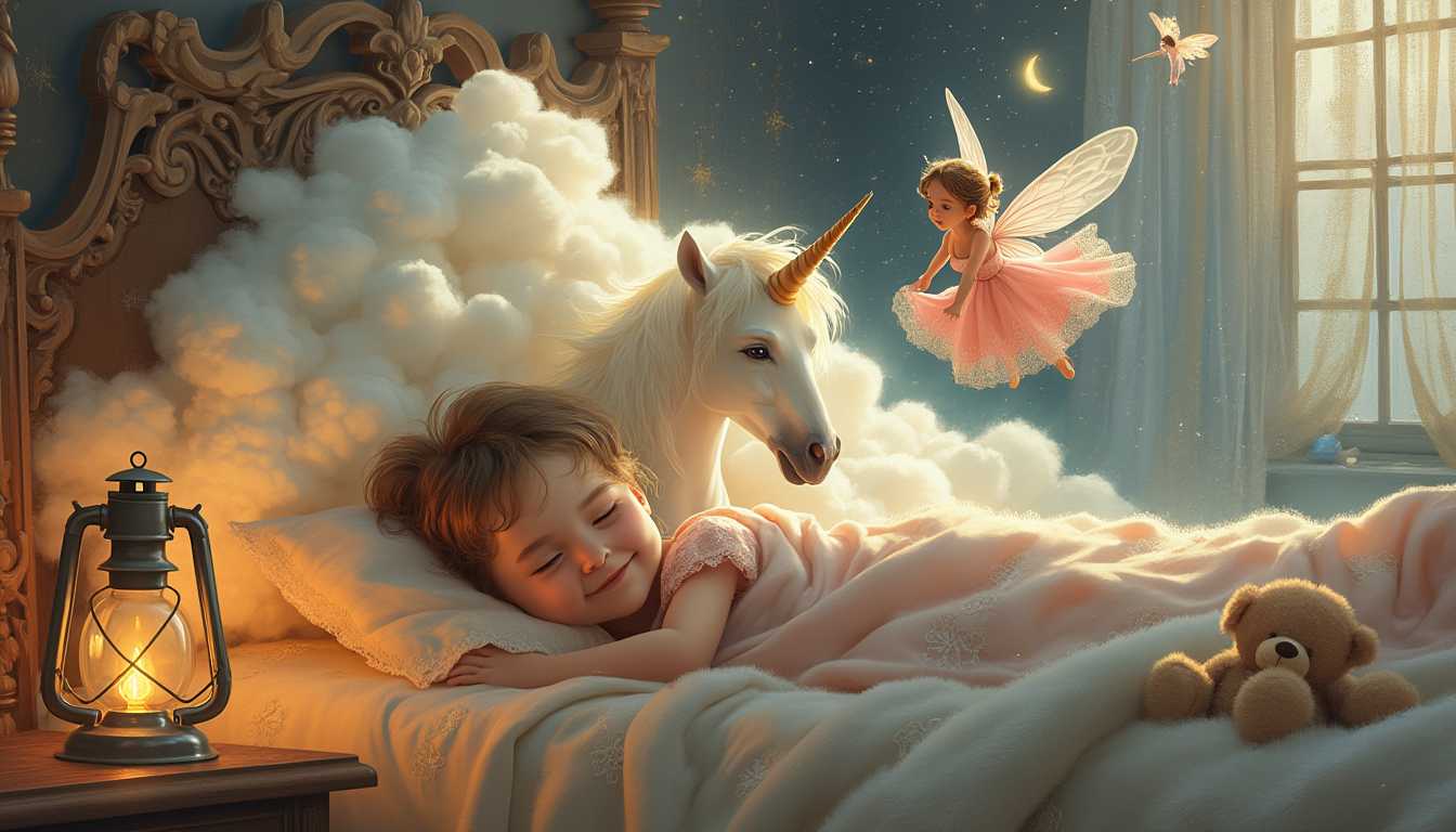 This image is a digitally created fantasy scene that exudes a sense of enchantment and whimsy. The art style is reminiscent of a fairytale or a storybook illustration, with a focus on softness and dreaminess. The medium appears to be a digital painting, given the smooth blending of colors and the seamless integration of elements.The colors in the image are warm and muted, with a predominance of earthy tones. The palette is soft and comforting, with creams, browns, and soft pinks creating a cozy atmosphere. The use of light and shadow is subtle, with a gentle glow emanating from the lantern on the nightstand, casting a warm ambiance throughout the scene.The objects in the image are carefully chosen to enhance the magical and childlike quality of the scene. In the foreground, we see a child lying snugly in bed, wrapped in a cozy blanket, with a contented smile on their face. The childs closed eyes and peaceful expression suggest they are in a state of rest or dreaming.On the bed, there is a plush teddy bear, which adds to the comforting and innocent feel of the scene. The teddy bear is positioned as if it is a companion to the child, watching over them as they sleep.Behind the child, the headboard of the bed serves as the backdrop for a magical scene. Emerging from the clouds that fill the headboard, we see a unicorn with a flowing white mane and tail, and a gentle gaze. The unicorn is depicted in a lifelike manner, with a sense of grace and power, yet it exudes a friendly and approachable demeanor.Floating alongside the unicorn is a fairy, dressed in a flowing pink gown with lace details. The fairys wings are spread wide, and she appears to be in midflight, as if she is gracefully gliding through the clouds. Her presence adds to the magical and ethereal quality of the scene.The room itself is adorned with lace curtains, which frame the window and add to the dreamy quality of the setting. The window reveals a night sky filled with stars and a crescent moon, which complements the magical elements within the room.Overall, the image is a charming and imaginative portrayal of childhood dreams and the magical creatures that inhabit them. The use of light, color, and carefully chosen objects come together to create a scene that is both enchanting and comforting, inviting the viewer into a world of wonder and imagination.