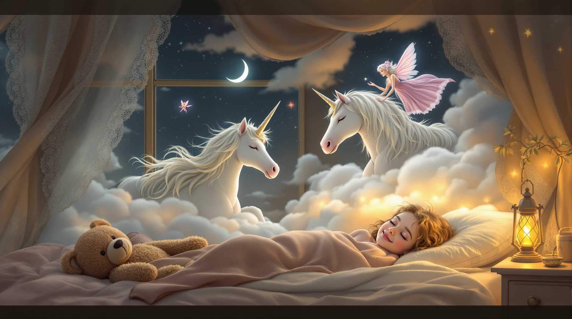 This image is a digitally created fantasy scene that exudes a sense of enchantment and whimsy. The art style is reminiscent of a fairytale or a storybook illustration, with a focus on softness and dreaminess. The medium appears to be a digital painting, given the smooth blending of colors and the seamless integration of elements.The colors in the image are warm and muted, with a predominance of earthy tones. The palette is soft and comforting, with creams, browns, and soft pinks creating a cozy atmosphere. The use of light and shadow is subtle, with a gentle glow emanating from the lantern on the nightstand, casting a warm ambiance throughout the scene.The objects in the image are carefully chosen to enhance the magical and childlike quality of the scene. In the foreground, we see a child lying snugly in bed, wrapped in a cozy blanket, with a contented smile on their face. The childs closed eyes and peaceful expression suggest they are in a state of rest or dreaming.On the bed, there is a plush teddy bear, which adds to the comforting and innocent feel of the scene. The teddy bear is positioned as if it is a companion to the child, watching over them as they sleep.Behind the child, the headboard of the bed serves as the backdrop for a magical scene. Emerging from the clouds that fill the headboard, we see a unicorn with a flowing white mane and tail, and a gentle gaze. The unicorn is depicted in a lifelike manner, with a sense of grace and power, yet it exudes a friendly and approachable demeanor.Floating alongside the unicorn is a fairy, dressed in a flowing pink gown with lace details. The fairys wings are spread wide, and she appears to be in midflight, as if she is gracefully gliding through the clouds. Her presence adds to the magical and ethereal quality of the scene.The room itself is adorned with lace curtains, which frame the window and add to the dreamy quality of the setting. The window reveals a night sky filled with stars and a crescent moon, which complements the magical elements within the room.Overall, the image is a charming and imaginative portrayal of childhood dreams and the magical creatures that inhabit them. The use of light, color, and carefully chosen objects come together to create a scene that is both enchanting and comforting, inviting the viewer into a world of wonder and imagination.