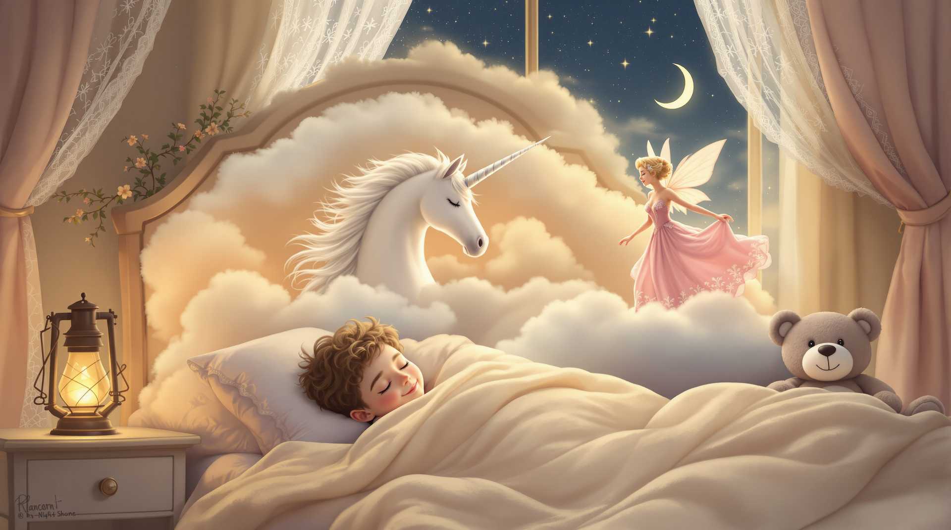 This image is a digitally created fantasy scene that exudes a sense of enchantment and whimsy. The art style is reminiscent of a fairytale or a storybook illustration, with a focus on softness and dreaminess. The medium appears to be a digital painting, given the smooth blending of colors and the seamless integration of elements.The colors in the image are warm and muted, with a predominance of earthy tones. The palette is soft and comforting, with creams, browns, and soft pinks creating a cozy atmosphere. The use of light and shadow is subtle, with a gentle glow emanating from the lantern on the nightstand, casting a warm ambiance throughout the scene.The objects in the image are carefully chosen to enhance the magical and childlike quality of the scene. In the foreground, we see a child lying snugly in bed, wrapped in a cozy blanket, with a contented smile on their face. The childs closed eyes and peaceful expression suggest they are in a state of rest or dreaming.On the bed, there is a plush teddy bear, which adds to the comforting and innocent feel of the scene. The teddy bear is positioned as if it is a companion to the child, watching over them as they sleep.Behind the child, the headboard of the bed serves as the backdrop for a magical scene. Emerging from the clouds that fill the headboard, we see a unicorn with a flowing white mane and tail, and a gentle gaze. The unicorn is depicted in a lifelike manner, with a sense of grace and power, yet it exudes a friendly and approachable demeanor.Floating alongside the unicorn is a fairy, dressed in a flowing pink gown with lace details. The fairys wings are spread wide, and she appears to be in midflight, as if she is gracefully gliding through the clouds. Her presence adds to the magical and ethereal quality of the scene.The room itself is adorned with lace curtains, which frame the window and add to the dreamy quality of the setting. The window reveals a night sky filled with stars and a crescent moon, which complements the magical elements within the room.Overall, the image is a charming and imaginative portrayal of childhood dreams and the magical creatures that inhabit them. The use of light, color, and carefully chosen objects come together to create a scene that is both enchanting and comforting, inviting the viewer into a world of wonder and imagination.