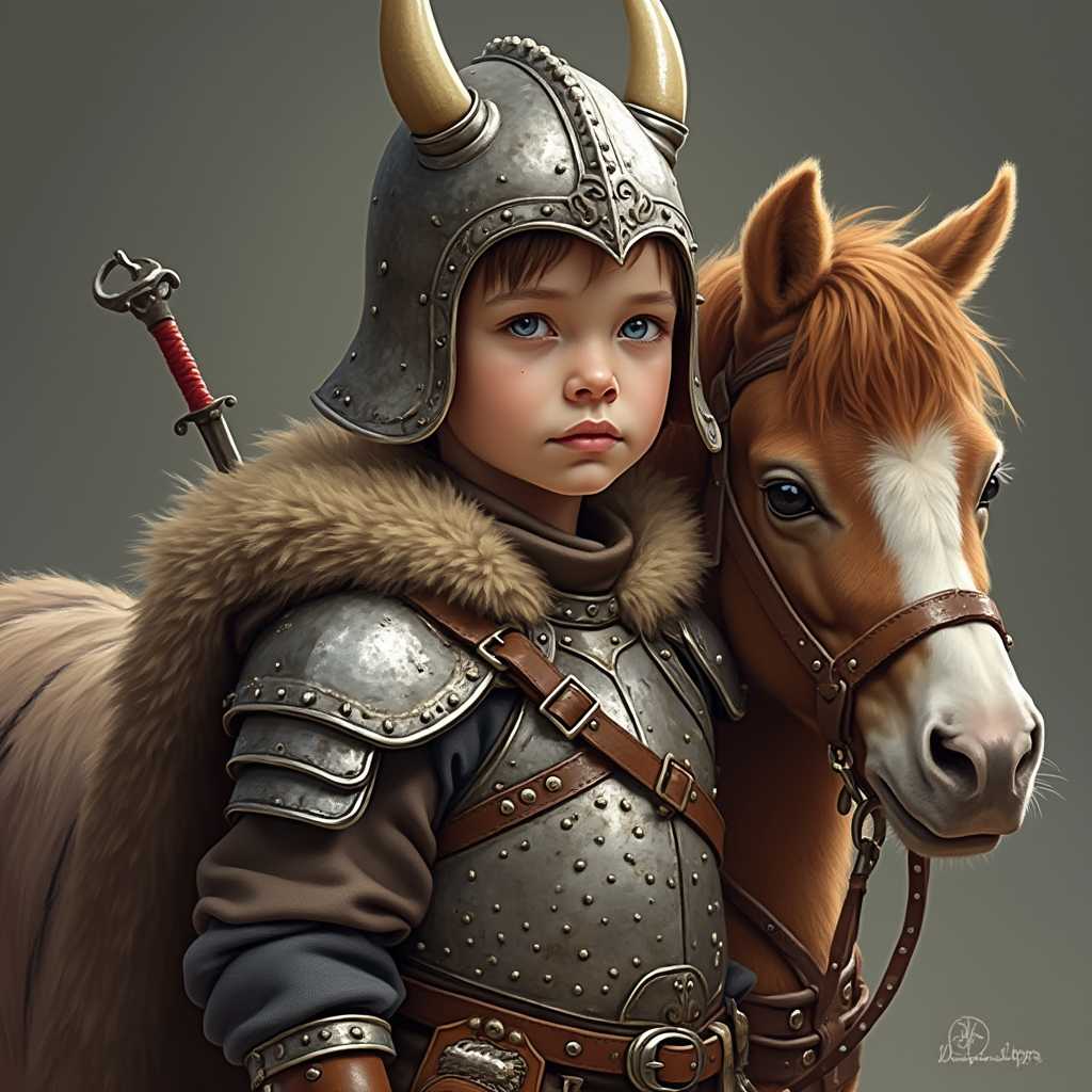 This image is a digital artwork that depicts a young child dressed in a detailed and historically inspired warrior costume. The child is wearing a metallic armor with intricate designs and patterns, including embossed metal plates, straps, and buckles. The armor is complemented by a furlined cloak that drapes over the shoulders and chest, adding to the medieval warrior aesthetic.The child is also wearing a helmet with curved horns, which is a common symbol of Norse or Viking warriors. The helmet is adorned with metal details and studs, and the horns are made of a material that resembles bone.The childs attire is completed with a belt that holds various items, including what appears to be a sword with a red hilt, a dagger, and pouches that could contain tools or small items.The childs expression is one of determination and focus, and the eyes are a striking shade of blue, which stands out against the warm tones of the costume.The horse in the image is a Shetland pony, recognizable by its small stature and distinctive long mane. The pony is adorned with a harness, indicating that it is ready for riding. The mane and tail of the pony are a rich chestnut color, and the coat has a soft, fluffy texture.The art style of the image is realistic with a touch of fantasy, as evidenced by the childs costume and the mythical elements like the horns on the helmet. The medium appears to be digital painting, given the smooth blending of colors and the high level of detail.The colors in the image are warm and earthy, with the browns, golds, and grays of the armor and cloak creating a rich, textured look. The blue eyes of the child and the chestnut mane of the pony provide pops of color that draw the viewers attention.Overall, the image exudes a sense of adventure and bravery, with the child and the pony portrayed as companions ready to embark on a quest. The attention to detail in the costumes and the lifelike rendering of the subjects make this a captivating and immersive piece of digital art.