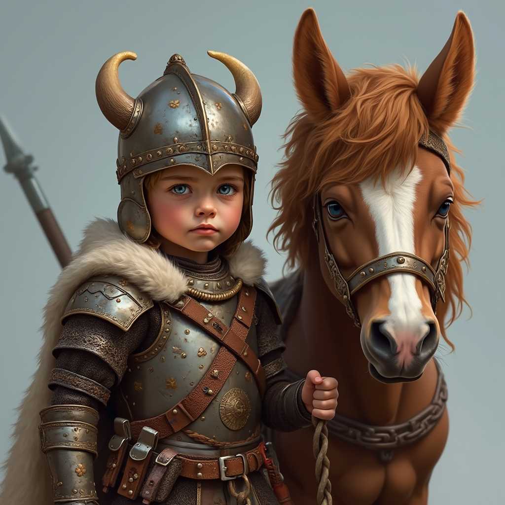 This image is a digital artwork that depicts a young child dressed in a detailed and historically inspired warrior costume. The child is wearing a metallic armor with intricate designs and patterns, including embossed metal plates, straps, and buckles. The armor is complemented by a furlined cloak that drapes over the shoulders and chest, adding to the medieval warrior aesthetic.The child is also wearing a helmet with curved horns, which is a common symbol of Norse or Viking warriors. The helmet is adorned with metal details and studs, and the horns are made of a material that resembles bone.The childs attire is completed with a belt that holds various items, including what appears to be a sword with a red hilt, a dagger, and pouches that could contain tools or small items.The childs expression is one of determination and focus, and the eyes are a striking shade of blue, which stands out against the warm tones of the costume.The horse in the image is a Shetland pony, recognizable by its small stature and distinctive long mane. The pony is adorned with a harness, indicating that it is ready for riding. The mane and tail of the pony are a rich chestnut color, and the coat has a soft, fluffy texture.The art style of the image is realistic with a touch of fantasy, as evidenced by the childs costume and the mythical elements like the horns on the helmet. The medium appears to be digital painting, given the smooth blending of colors and the high level of detail.The colors in the image are warm and earthy, with the browns, golds, and grays of the armor and cloak creating a rich, textured look. The blue eyes of the child and the chestnut mane of the pony provide pops of color that draw the viewers attention.Overall, the image exudes a sense of adventure and bravery, with the child and the pony portrayed as companions ready to embark on a quest. The attention to detail in the costumes and the lifelike rendering of the subjects make this a captivating and immersive piece of digital art.