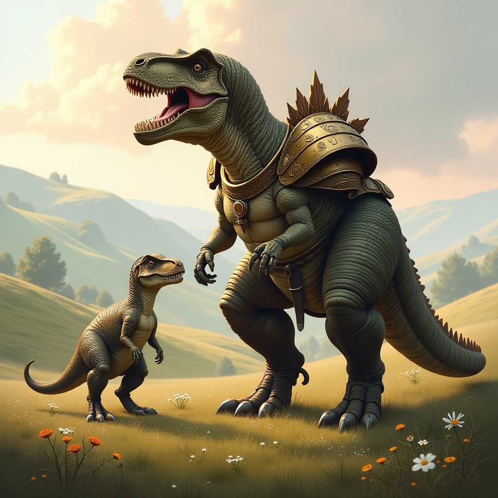 This image is a digital artwork that depicts a fantastical scene with two armored dinosaurs in a serene, pastoral landscape. The art style is a blend of realism and fantasy, with a focus on detailed textures and a cinematic quality.The medium appears to be a digital painting, utilizing advanced rendering techniques to create a lifelike quality in the dinosaurs skin and the surrounding environment. The lighting and shadows are expertly rendered, giving the scene a threedimensional feel.The colors in the image are warm and earthy, with a soft, golden light that suggests either dawn or dusk. The dominant colors are browns, greens, and soft pinks, which create a harmonious and tranquil atmosphere. The armor on the dinosaurs is a mix of metallic and organic textures, with gold, bronze, and green hues, which add a touch of fantasy to the otherwise realistic depiction.The objects in the image include the two armored dinosaurs, which are the central figures. The larger dinosaur is a formidable creature, resembling a Tyrannosaurus rex, with a humanoid torso clad in ornate armor. The armor is detailed with intricate patterns and symbols, and the creature is adorned with various items, such as a shield, a sword, and a pair of gauntlets. The smaller dinosaur, which appears to be a Velociraptor, is also armored and is standing attentively beside the larger creature.The background of the image is a lush, grassy field dotted with wildflowers, and rolling hills that fade into a misty horizon. The presence of these dinosaurs in such a peaceful setting creates a striking contrast, adding to the fantastical nature of the scene.Overall, the image is a beautifully crafted piece of digital art that combines elements of fantasy and realism to create a captivating and imaginative scene.