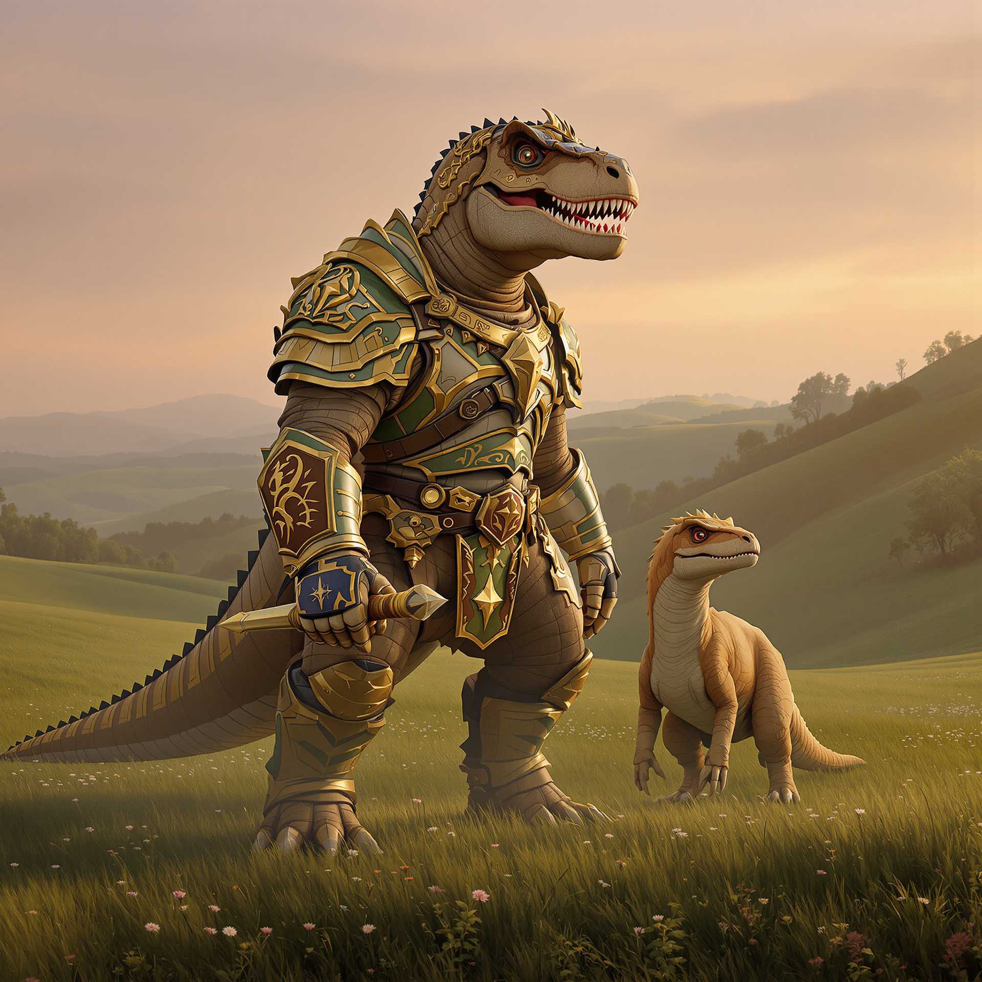 This image is a digital artwork that depicts a fantastical scene with two armored dinosaurs in a serene, pastoral landscape. The art style is a blend of realism and fantasy, with a focus on detailed textures and a cinematic quality.The medium appears to be a digital painting, utilizing advanced rendering techniques to create a lifelike quality in the dinosaurs skin and the surrounding environment. The lighting and shadows are expertly rendered, giving the scene a threedimensional feel.The colors in the image are warm and earthy, with a soft, golden light that suggests either dawn or dusk. The dominant colors are browns, greens, and soft pinks, which create a harmonious and tranquil atmosphere. The armor on the dinosaurs is a mix of metallic and organic textures, with gold, bronze, and green hues, which add a touch of fantasy to the otherwise realistic depiction.The objects in the image include the two armored dinosaurs, which are the central figures. The larger dinosaur is a formidable creature, resembling a Tyrannosaurus rex, with a humanoid torso clad in ornate armor. The armor is detailed with intricate patterns and symbols, and the creature is adorned with various items, such as a shield, a sword, and a pair of gauntlets. The smaller dinosaur, which appears to be a Velociraptor, is also armored and is standing attentively beside the larger creature.The background of the image is a lush, grassy field dotted with wildflowers, and rolling hills that fade into a misty horizon. The presence of these dinosaurs in such a peaceful setting creates a striking contrast, adding to the fantastical nature of the scene.Overall, the image is a beautifully crafted piece of digital art that combines elements of fantasy and realism to create a captivating and imaginative scene.