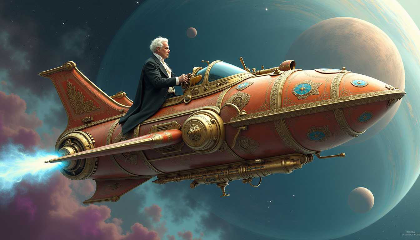 This image is a stunning depiction of a fantastical spacecraft, rich in detail and steeped in a steampunkinspired art style. The medium appears to be digital painting, given the smooth gradients and seamless blending of colors.The spacecraft is ornately designed with intricate gears, levers, and mechanical parts, all meticulously crafted to suggest a bygone era of industrial might. The ships exterior is adorned with elaborate patterns and swirls, reminiscent of baroque art, which gives it a sense of antiquity and grandeur. The ships color palette is a harmonious blend of gold, bronze, and copper tones, with touches of blue and green, which lend it a warm, almost celestial glow.At the helm of the ship sits a figure clad in a detailed, Victorianera costume, with a top hat and a long coat, which adds a touch of human presence and scale to the vessel. The figures pale complexion and white hair contrast with the rich colors of the ship, drawing the viewers eye to their commanding presence.The ship is propelled by what appears to be a powerful engine, with jets of blue light emanating from its exhaust ports, suggesting rapid movement through space. The ship is surrounded by a swirling nebula, with hues of pink, purple, and blue, and distant stars dotting the cosmic landscape. A large planet, partially obscured by a ring of darkness, hangs in the background, adding to the sense of an interstellar journey.Overall, the image evokes a feeling of wonder and exploration, transporting the viewer to a world where the marvels of science and the elegance of the past are intertwined in a magnificent spacecraft that sails the stars.