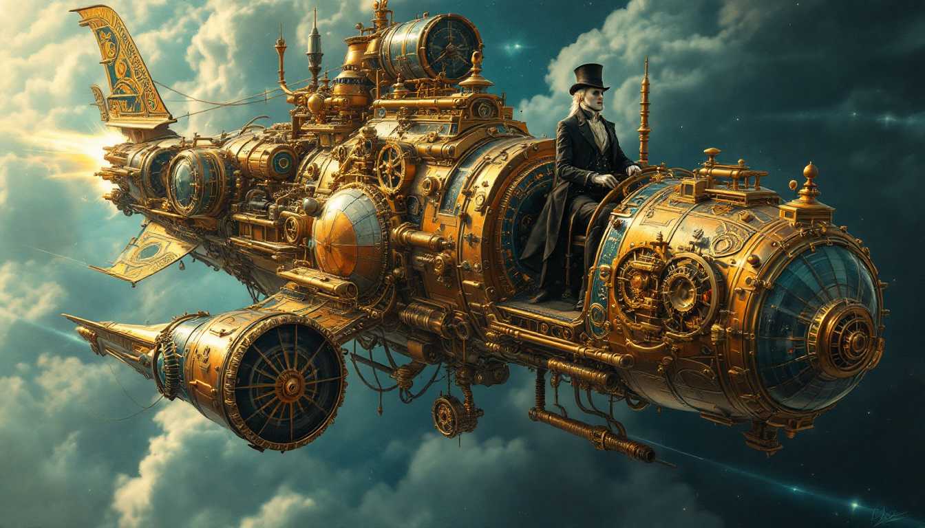 This image is a stunning depiction of a fantastical spacecraft, rich in detail and steeped in a steampunkinspired art style. The medium appears to be digital painting, given the smooth gradients and seamless blending of colors.The spacecraft is ornately designed with intricate gears, levers, and mechanical parts, all meticulously crafted to suggest a bygone era of industrial might. The ships exterior is adorned with elaborate patterns and swirls, reminiscent of baroque art, which gives it a sense of antiquity and grandeur. The ships color palette is a harmonious blend of gold, bronze, and copper tones, with touches of blue and green, which lend it a warm, almost celestial glow.At the helm of the ship sits a figure clad in a detailed, Victorianera costume, with a top hat and a long coat, which adds a touch of human presence and scale to the vessel. The figures pale complexion and white hair contrast with the rich colors of the ship, drawing the viewers eye to their commanding presence.The ship is propelled by what appears to be a powerful engine, with jets of blue light emanating from its exhaust ports, suggesting rapid movement through space. The ship is surrounded by a swirling nebula, with hues of pink, purple, and blue, and distant stars dotting the cosmic landscape. A large planet, partially obscured by a ring of darkness, hangs in the background, adding to the sense of an interstellar journey.Overall, the image evokes a feeling of wonder and exploration, transporting the viewer to a world where the marvels of science and the elegance of the past are intertwined in a magnificent spacecraft that sails the stars.
