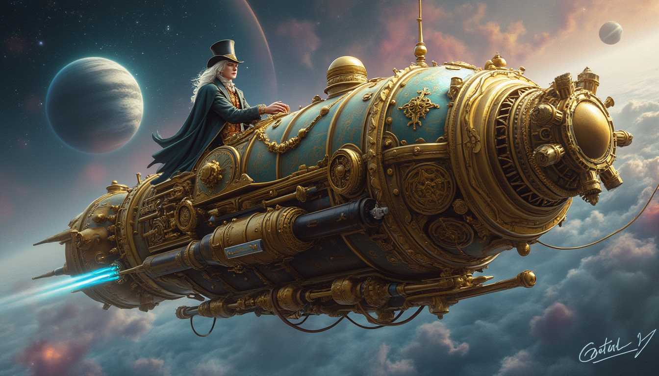 This image is a stunning depiction of a fantastical spacecraft, rich in detail and steeped in a steampunkinspired art style. The medium appears to be digital painting, given the smooth gradients and seamless blending of colors.The spacecraft is ornately designed with intricate gears, levers, and mechanical parts, all meticulously crafted to suggest a bygone era of industrial might. The ships exterior is adorned with elaborate patterns and swirls, reminiscent of baroque art, which gives it a sense of antiquity and grandeur. The ships color palette is a harmonious blend of gold, bronze, and copper tones, with touches of blue and green, which lend it a warm, almost celestial glow.At the helm of the ship sits a figure clad in a detailed, Victorianera costume, with a top hat and a long coat, which adds a touch of human presence and scale to the vessel. The figures pale complexion and white hair contrast with the rich colors of the ship, drawing the viewers eye to their commanding presence.The ship is propelled by what appears to be a powerful engine, with jets of blue light emanating from its exhaust ports, suggesting rapid movement through space. The ship is surrounded by a swirling nebula, with hues of pink, purple, and blue, and distant stars dotting the cosmic landscape. A large planet, partially obscured by a ring of darkness, hangs in the background, adding to the sense of an interstellar journey.Overall, the image evokes a feeling of wonder and exploration, transporting the viewer to a world where the marvels of science and the elegance of the past are intertwined in a magnificent spacecraft that sails the stars.