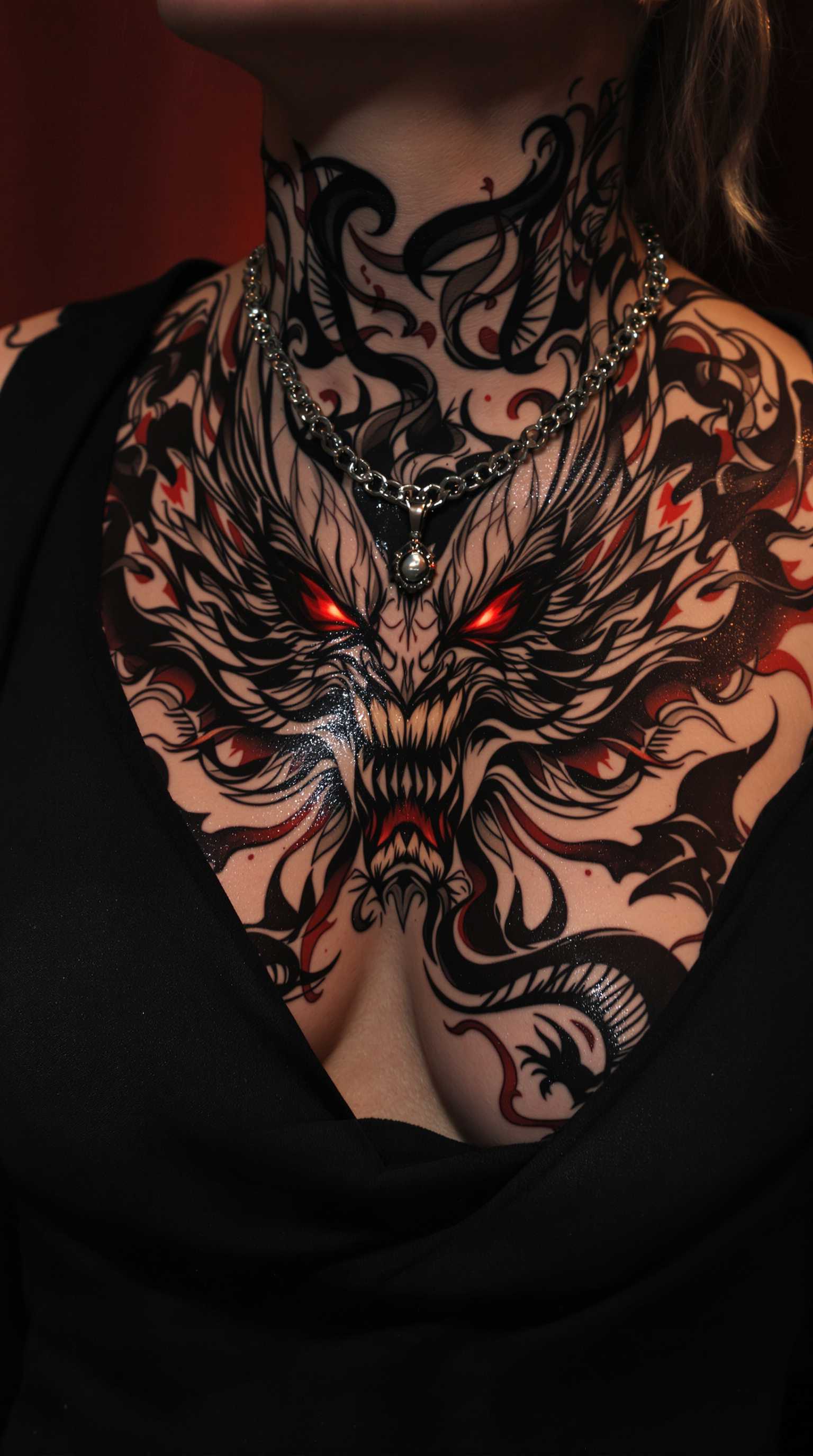 This image features a woman with a highly detailed and intricate tattoo covering their chest, neck, and shoulders. The tattoo is a blend of black and gray shading with splashes of red, primarily in the eyes and mouth of the central figure. The art style appears to be a blend of traditional and neo traditional elements, with a focus on bold lines and shading that gives the tattoo a three dimensional effect.The tattoo depicts a fierce, mythical creature that could be interpreted as a dragon or a similar beast. The creature has a wide open mouth, with sharp teeth bared and eyes that are glowing red, adding to the menacing aura of the design. Its scales are intricately detailed, with patterns that suggest movement and texture. The creatures wings are spread out, and its talons are visible, ready to strike.The person is wearing a simple, dark garment that allows the tattoo to stand out prominently. Around the neck, there is a delicate chain necklace with a pendant that is not clearly visible due to the tattoos proximity.The overall medium of the tattoo is ink on skin, and the colors used are primarily black, gray, and red, with touches of other colors that might be part of the shading process. The lighting in the image is dramatic, with a focus on the tattooed area, which gives it a glossy and almost threedimensional appearance. The background is intentionally blurred, with a warm, reddish hue that suggests an indoor setting with ambient lighting.