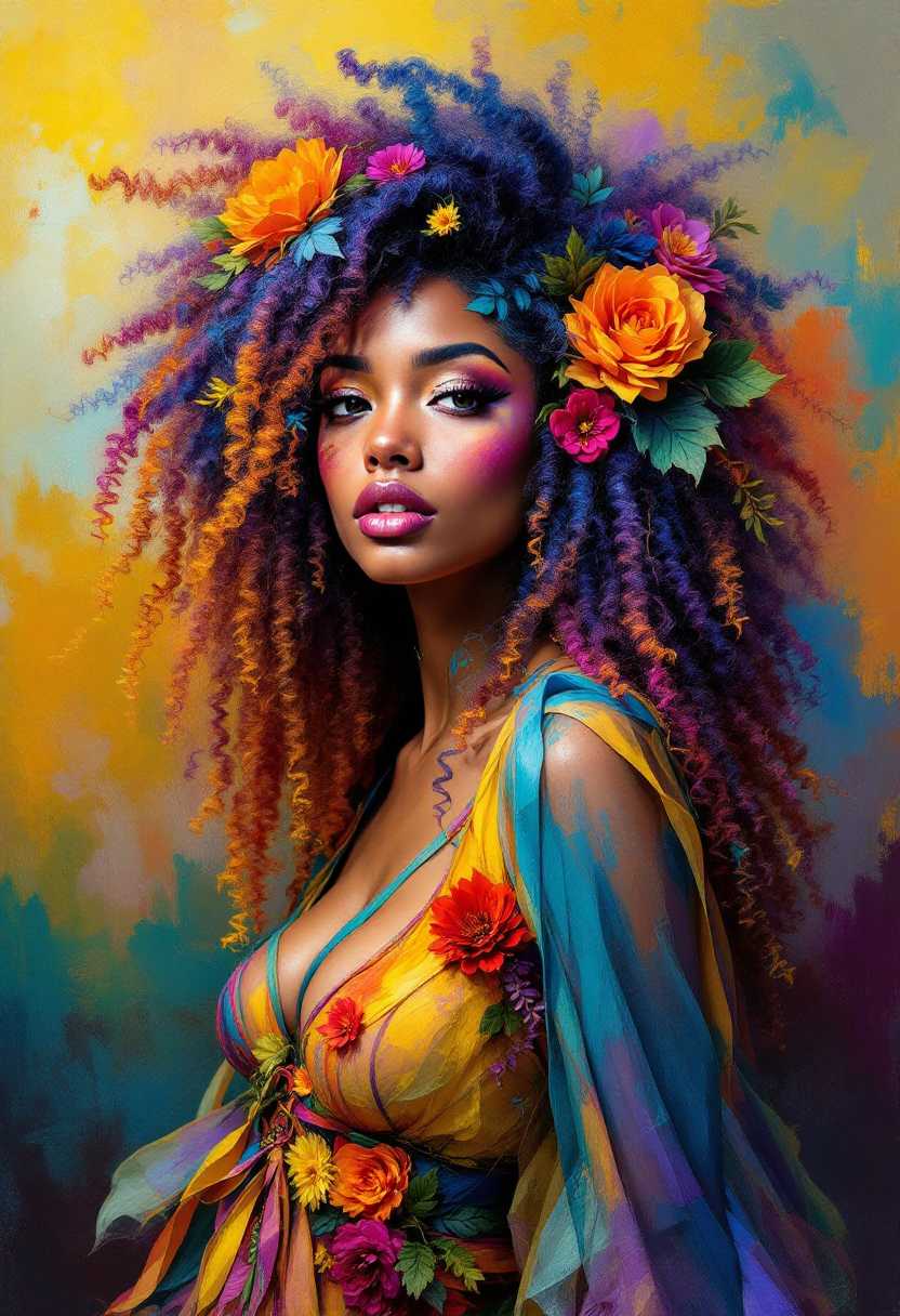 This is an oil painting that captures the portrait of a person with a striking and colorful hairstyle and attire. The subject is adorned with a voluminous, curly hairstyle that cascades in a gradient of colors, ranging from deep purples and blues at the roots to fiery oranges and reds at the tips. The hair is embellished with various flowers and leaves, adding a touch of nature and whimsy to the overall appearance.The subject is also wearing a garment that complements the hairstyle, featuring a similarly vibrant color palette. The clothing has a sheer, flowing quality, with a mix of blues, yellows, and greens, and is adorned with what appear to be ribbons and fabric flowers, further enhancing the festive and artistic aura of the subject.The background of the painting is a blend of warm and cool tones, with strokes of yellow, orange, and blue that create a dreamy and ethereal atmosphere. The brushstrokes are visible, giving the painting a textural quality that adds depth and movement.The overall art style of the painting is realistic with a touch of fantasy, as evidenced by the exaggerated colors and the whimsical elements in the hairstyle and attire. The medium appears to be oil paint, given the rich texture and luminosity of the colors.The objects in the painting are primarily the subjects hairstyle and clothing, which are the focal points of the composition. The background is less defined, with only subtle hints of objects and space, allowing the viewers attention to remain on the subjects striking appearance.