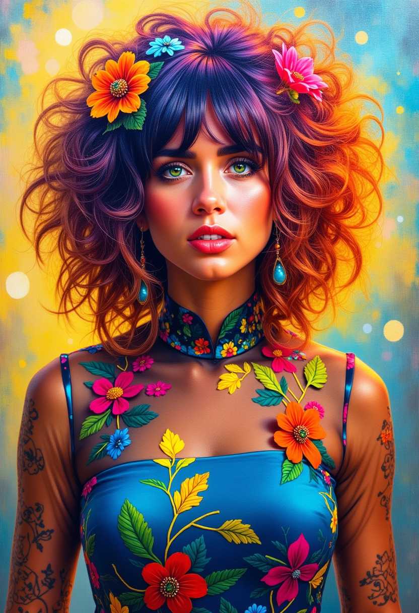 a photo of ANA$, This is an oil painting that captures the portrait of a person with a striking and colorful hairstyle and attire. The subject is adorned with a voluminous, curly hairstyle that cascades in a gradient of colors, ranging from deep purples and blues at the roots to fiery oranges and reds at the tips. The hair is embellished with various flowers and leaves, adding a touch of nature and whimsy to the overall appearance.The subject is also wearing a garment that complements the hairstyle, featuring a similarly vibrant color palette. The clothing has a sheer, flowing quality, with a mix of blues, yellows, and greens, and is adorned with what appear to be ribbons and fabric flowers, further enhancing the festive and artistic aura of the subject.The background of the painting is a blend of warm and cool tones, with strokes of yellow, orange, and blue that create a dreamy and ethereal atmosphere. The brushstrokes are visible, giving the painting a textural quality that adds depth and movement.The overall art style of the painting is realistic with a touch of fantasy, as evidenced by the exaggerated colors and the whimsical elements in the hairstyle and attire. The medium appears to be oil paint, given the rich texture and luminosity of the colors.The objects in the painting are primarily the subjects hairstyle and clothing, which are the focal points of the composition. The background is less defined, with only subtle hints of objects and space, allowing the viewers attention to remain on the subjects striking appearance.