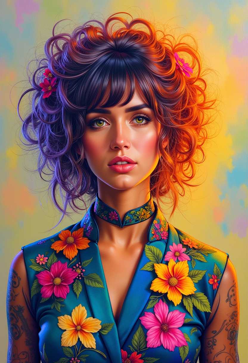 a photo of ANA$, This is an oil painting that captures the portrait of a person with a striking and colorful hairstyle and attire. The subject is adorned with a voluminous, curly hairstyle that cascades in a gradient of colors, ranging from deep purples and blues at the roots to fiery oranges and reds at the tips. The hair is embellished with various flowers and leaves, adding a touch of nature and whimsy to the overall appearance.The subject is also wearing a garment that complements the hairstyle, featuring a similarly vibrant color palette. The clothing has a sheer, flowing quality, with a mix of blues, yellows, and greens, and is adorned with what appear to be ribbons and fabric flowers, further enhancing the festive and artistic aura of the subject.The background of the painting is a blend of warm and cool tones, with strokes of yellow, orange, and blue that create a dreamy and ethereal atmosphere. The brushstrokes are visible, giving the painting a textural quality that adds depth and movement.The overall art style of the painting is realistic with a touch of fantasy, as evidenced by the exaggerated colors and the whimsical elements in the hairstyle and attire. The medium appears to be oil paint, given the rich texture and luminosity of the colors.The objects in the painting are primarily the subjects hairstyle and clothing, which are the focal points of the composition. The background is less defined, with only subtle hints of objects and space, allowing the viewers attention to remain on the subjects striking appearance.