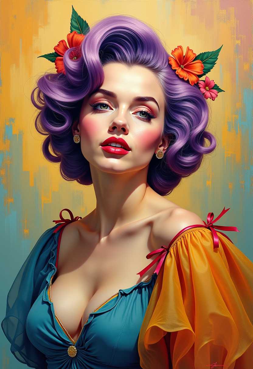 a photo of Marilyn Monroe, This is an oil painting that captures the portrait of a person with a striking and colorful hairstyle and attire. The subject is adorned with a voluminous, curly hairstyle that cascades in a gradient of colors, ranging from deep purples and blues at the roots to fiery oranges and reds at the tips. The hair is embellished with various flowers and leaves, adding a touch of nature and whimsy to the overall appearance.The subject is also wearing a garment that complements the hairstyle, featuring a similarly vibrant color palette. The clothing has a sheer, flowing quality, with a mix of blues, yellows, and greens, and is adorned with what appear to be ribbons and fabric flowers, further enhancing the festive and artistic aura of the subject.The background of the painting is a blend of warm and cool tones, with strokes of yellow, orange, and blue that create a dreamy and ethereal atmosphere. The brushstrokes are visible, giving the painting a textural quality that adds depth and movement.The overall art style of the painting is realistic with a touch of fantasy, as evidenced by the exaggerated colors and the whimsical elements in the hairstyle and attire. The medium appears to be oil paint, given the rich texture and luminosity of the colors.The objects in the painting are primarily the subjects hairstyle and clothing, which are the focal points of the composition. The background is less defined, with only subtle hints of objects and space, allowing the viewers attention to remain on the subjects striking appearance.