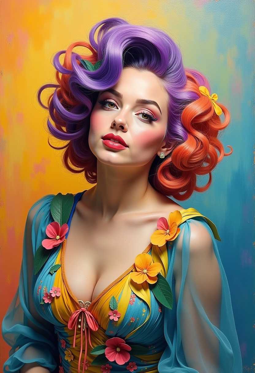 a photo of Marilyn Monroe, This is an oil painting that captures the portrait of a person with a striking and colorful hairstyle and attire. The subject is adorned with a voluminous, curly hairstyle that cascades in a gradient of colors, ranging from deep purples and blues at the roots to fiery oranges and reds at the tips. The hair is embellished with various flowers and leaves, adding a touch of nature and whimsy to the overall appearance.The subject is also wearing a garment that complements the hairstyle, featuring a similarly vibrant color palette. The clothing has a sheer, flowing quality, with a mix of blues, yellows, and greens, and is adorned with what appear to be ribbons and fabric flowers, further enhancing the festive and artistic aura of the subject.The background of the painting is a blend of warm and cool tones, with strokes of yellow, orange, and blue that create a dreamy and ethereal atmosphere. The brushstrokes are visible, giving the painting a textural quality that adds depth and movement.The overall art style of the painting is realistic with a touch of fantasy, as evidenced by the exaggerated colors and the whimsical elements in the hairstyle and attire. The medium appears to be oil paint, given the rich texture and luminosity of the colors.The objects in the painting are primarily the subjects hairstyle and clothing, which are the focal points of the composition. The background is less defined, with only subtle hints of objects and space, allowing the viewers attention to remain on the subjects striking appearance.