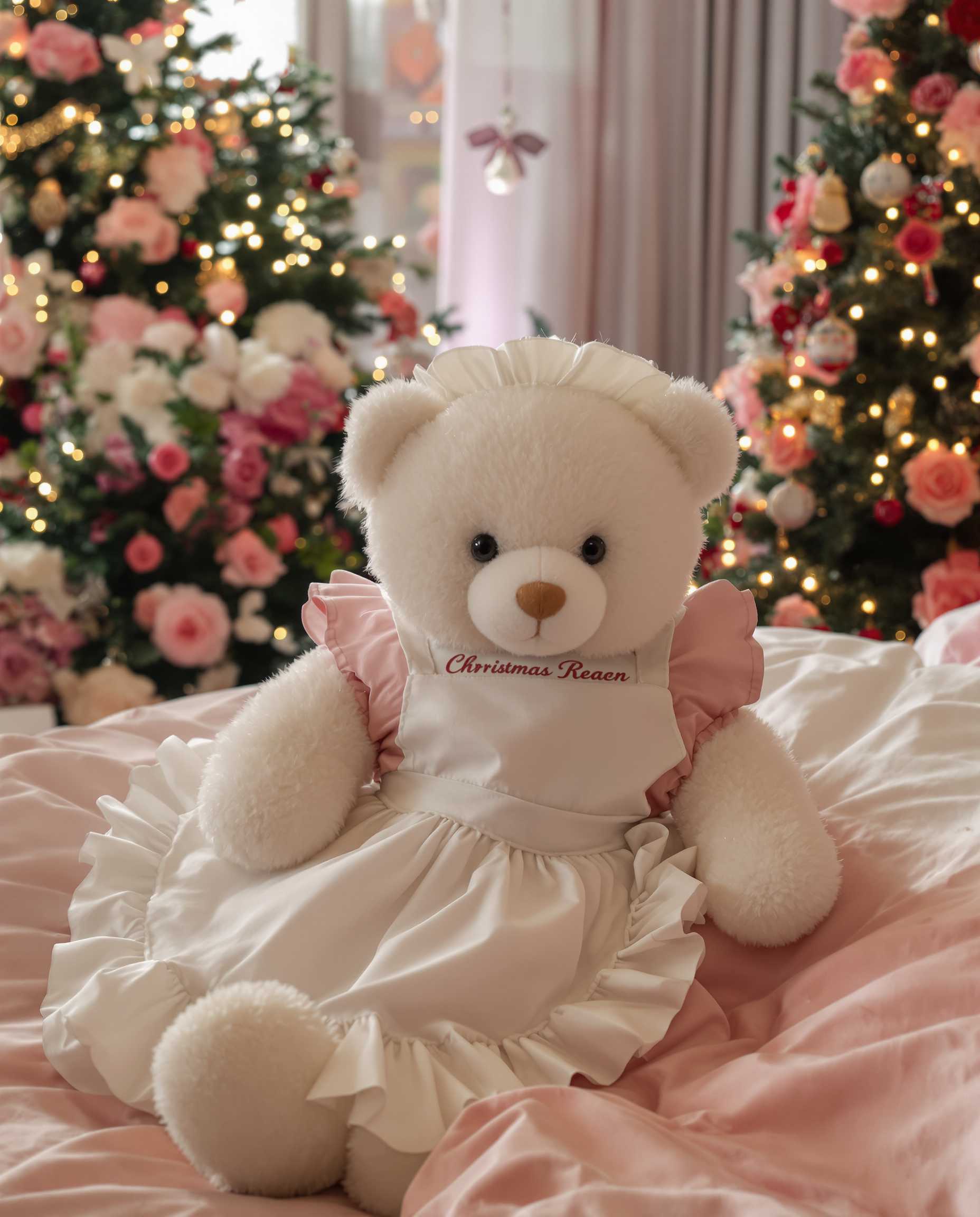 Very bright bedroom. A small white cute fluffy bear on the bed dressed in a beautiful rose dress and white culinary apron with ruffles. Magical atmosphere.  Flowers roses and Christmas tree with lights in the background. Photorealism.