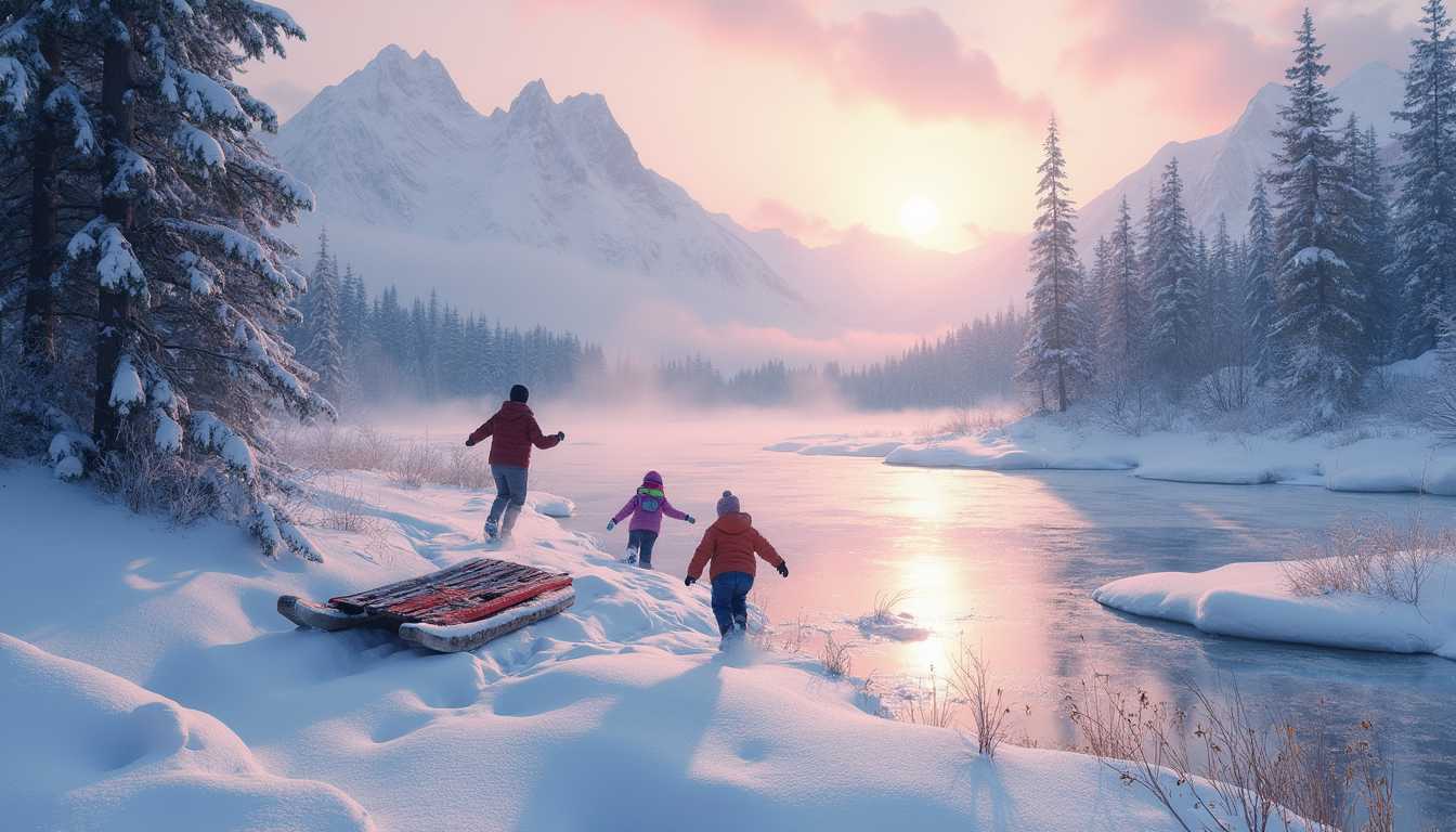A vast expanse of pristine snow blankets the landscape, each flake glimmering like scattered diamonds under the soft embrace of a pale, wintry sun that hangs low in the dusky sky. Towering evergreens, their boughs heavy with a thick layer of frost, stand sentinel around a frozen pond, its surface glistening with a delicate sheen, reflecting the muted hues of a twilight palette—lavender, pale blue, and hints of dusky rose. Wisps of fog curl lazily above the ground, intertwining with the crisp, fresh air, while the distant sound of laughter echoes faintly, as children clad in vibrant scarves and woolen mittens tumble joyfully down a snow-covered hill, their cheeks flushed with the cold.

In the foreground, a rustic wooden sled lies abandoned, half-buried in the snow, its vibrant red paint dulled by frost but still hinting at cheerful adventures. The scene is framed by a gentle slope that rises toward a horizon of jagged mountains, their peaks dusted with snow and kissed by the last rays of the setting sun, casting long shadows that stretch across the glistening ground. The composition draws the eye inward, where the interplay of light and shadow dances across the shimmering surface of the ice, inviting one to pause and breathe in the crisp, invigorating air, savoring the serene beauty of a winter wonderland.