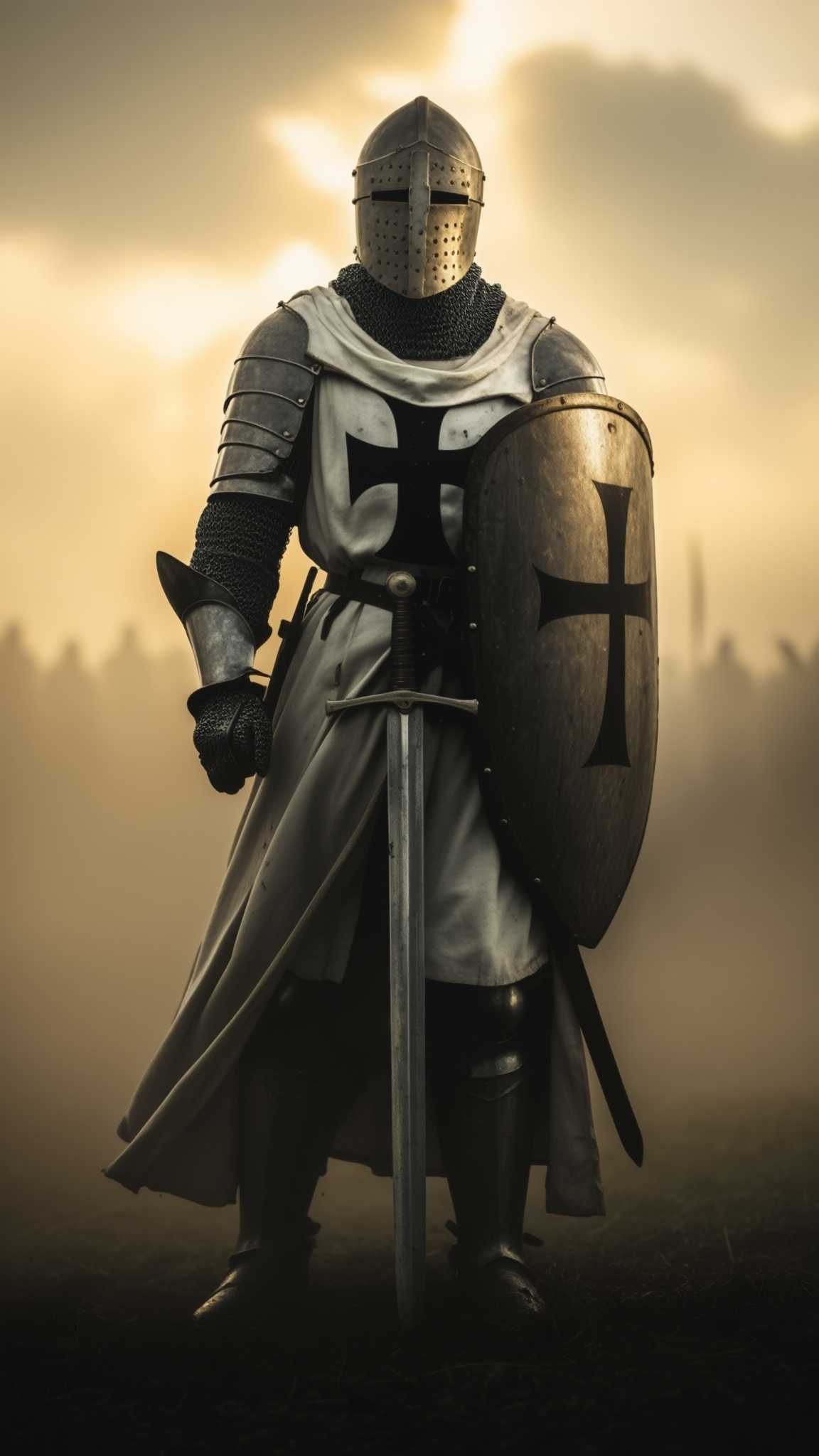 A realistic depiction of a medieval knight of the Teutonic Order, wearing a white surcoat with a bold black cross emblem. The knight stands in a defensive posture, holding a polished shield with the same black cross insignia and a gleaming steel sword at the ready. The armor is intricately detailed, reflecting light, with chainmail visible under the surcoat. The setting is a misty battlefield at dawn, with a soft golden light breaking through the clouds, creating an epic and atmospheric scene. Highly detailed, realistic textures, dramatic lighting, and a sense of historical accuracy.