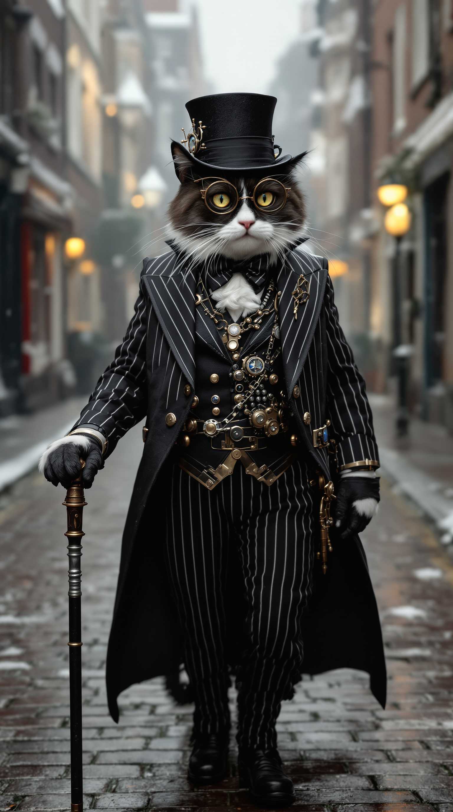 Ultra-realistic steampunk style image of an black and white cat wearing a black pin-striped open, long-tailed steampunk style tuxedo, vest and steampunk style top hat with a walking cane. He is walking in a vintage cobblestone street in dreary, foggy 1800's London, snowy England.