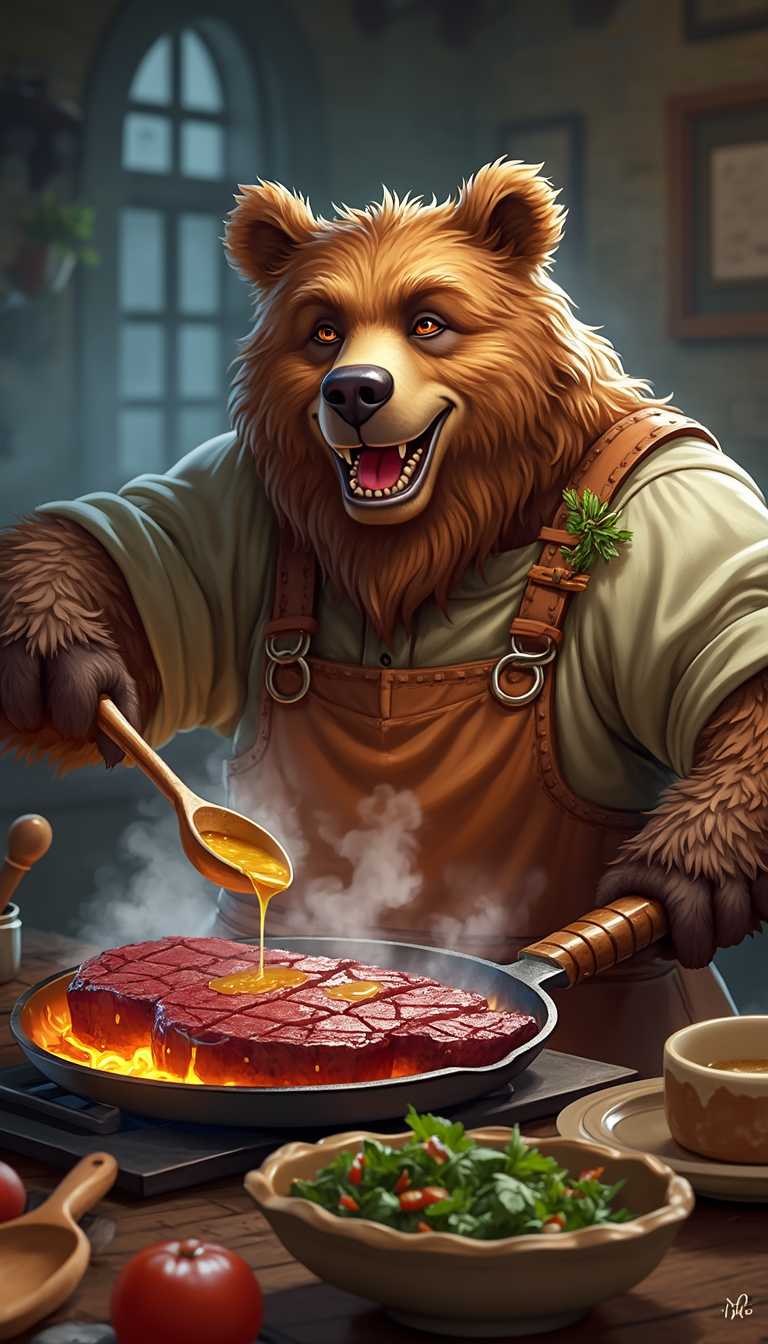 A jovial bear grilling steaks on a glowing iron skillet while ladling steaming gravy into bowls. His rustic kitchen is alive with the aroma of roasted vegetables and magical herbs, with enchanted wooden spoons stirring side dishes on their own.
