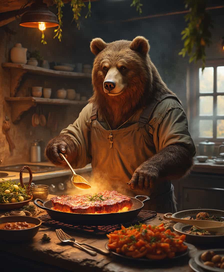 A jovial bear grilling steaks on a glowing iron skillet while ladling steaming gravy into bowls. His rustic kitchen is alive with the aroma of roasted vegetables and magical herbs, with enchanted wooden spoons stirring side dishes on their own.