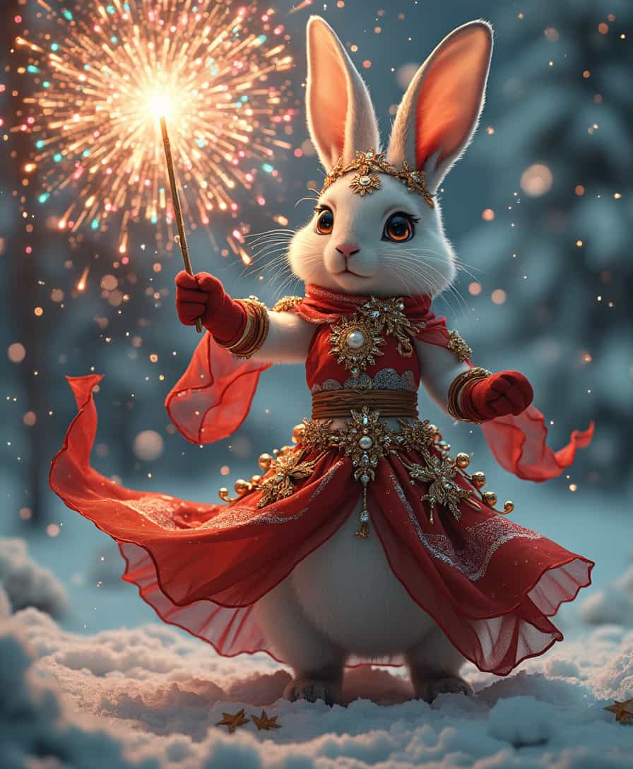 A fierce and elegant Christmas goddess Rabbit, adorned with sparkling jewels and decorations, stands confidently while holding a magic wand. As she swings it into the air, she creates a magnificent display of colorful fireworks that light up the night sky, transforming the scene into a breathtaking spectacle. This magical creature embodies the spirit of creativity and artistry, as her movements are fluid and graceful, bringing a dynamic energy to the static art around her. The enchanting environment, made of glistening snow, reflects the beauty of the season, inviting everyone to celebrate the joy and wonder of the New Year. With the introduction of Transform Static Art into Dynamic Masterpieces Live, your characters can now move, speak, and shine with unparalleled finesse, ensuring that every artistic creation is a masterpiece in its own right. Happy New Year!